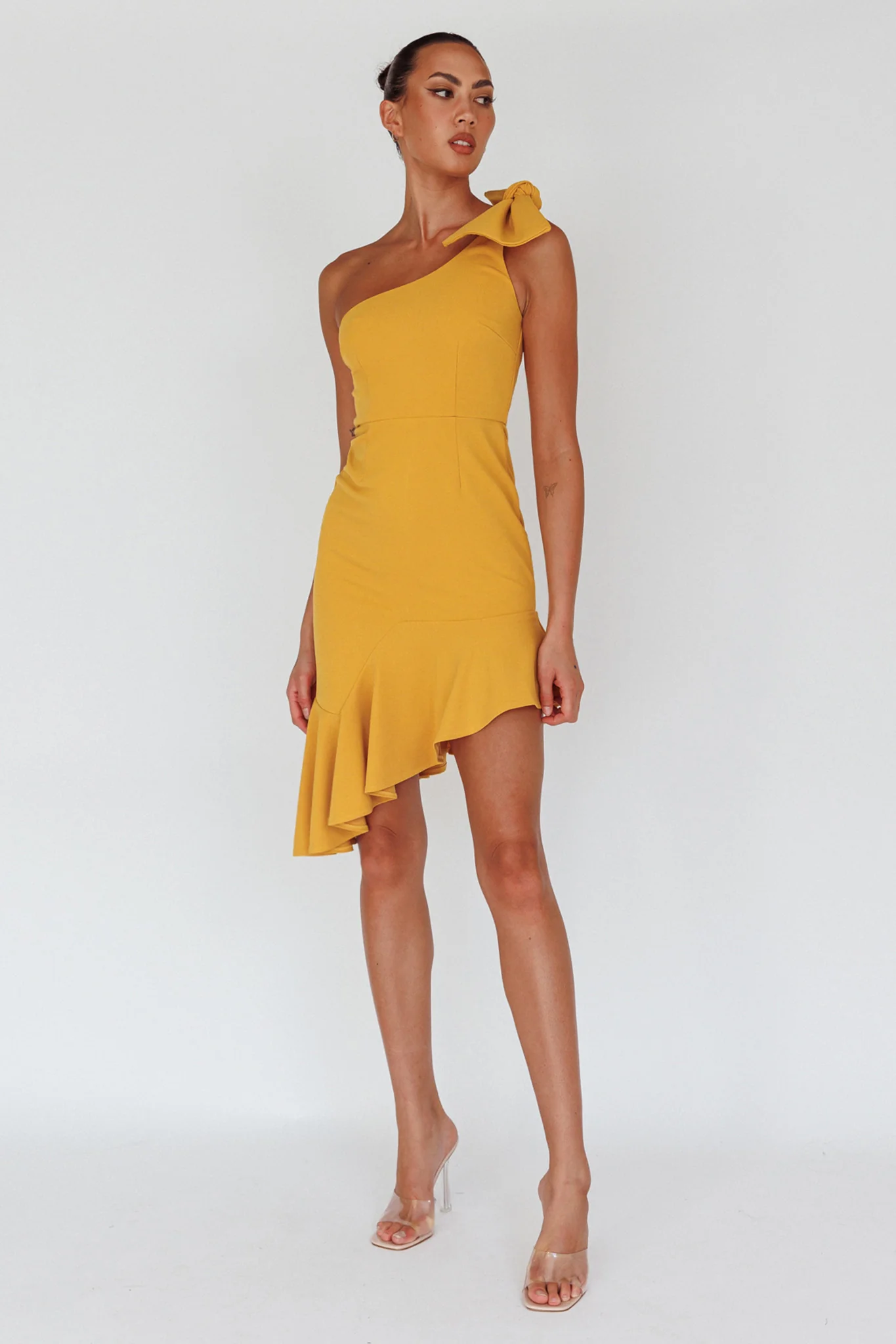 Tiffany One-Shoulder Bow Dress Mustard - Image 5