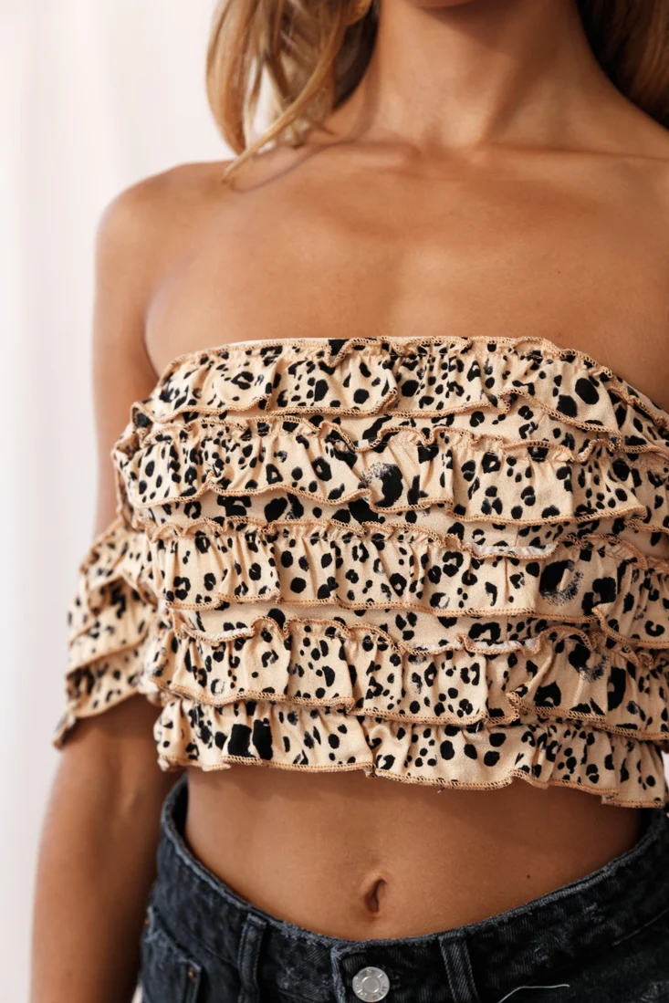 Tigerlily Tiered Frill Off-Shoulder Top Mocha Leopard - Image 4