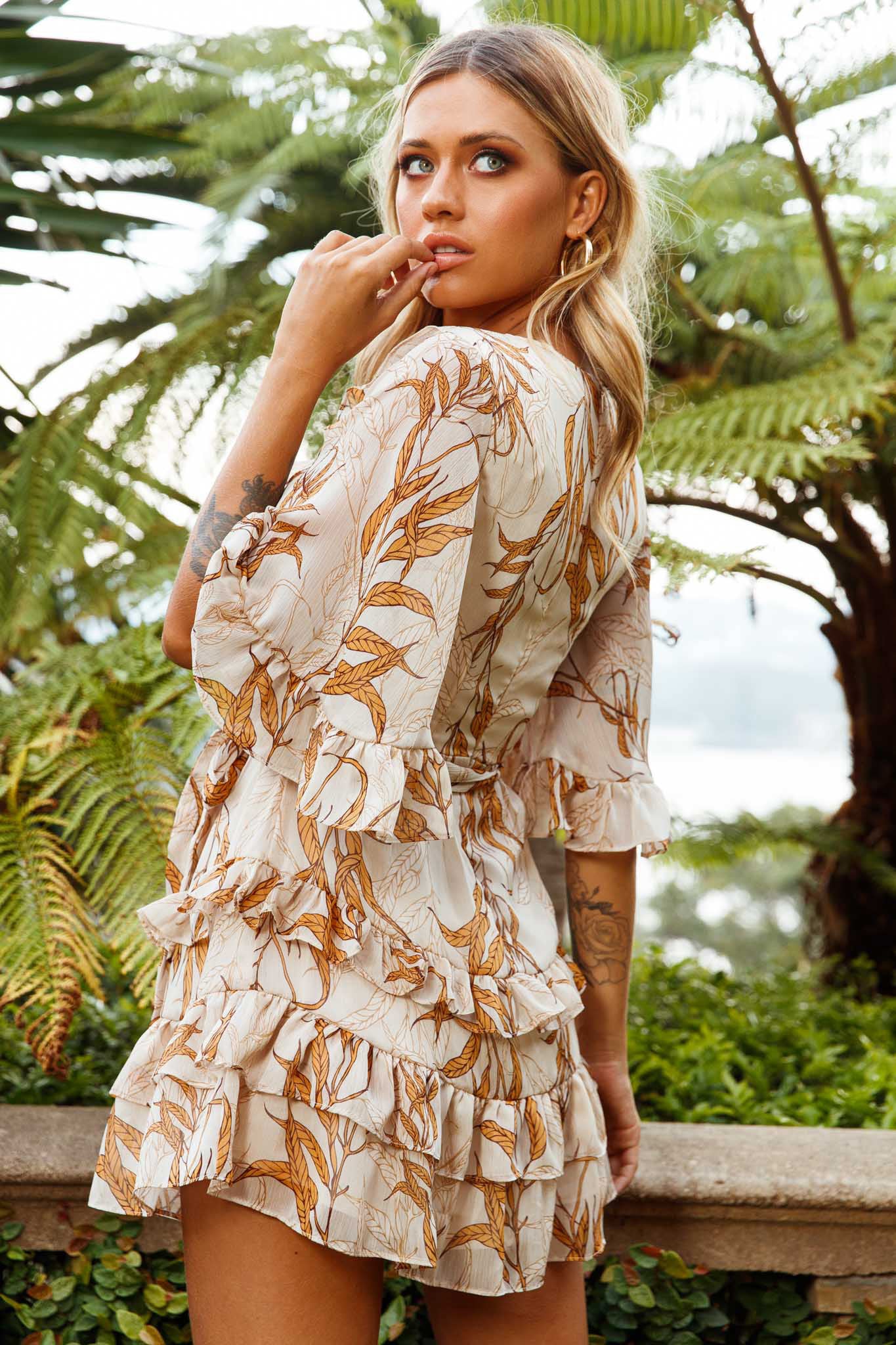Time Will Tell Angel Sleeve Frill Detail Dress Leaf Print Beige - Image 2