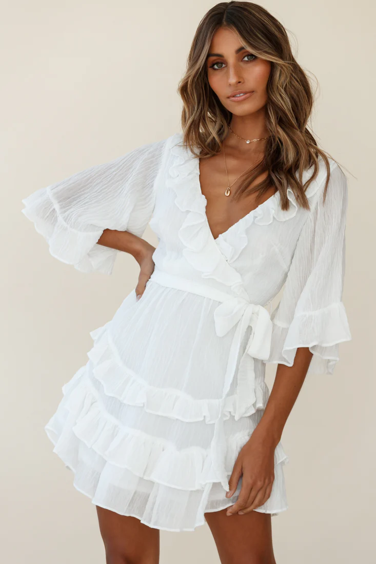 Time Will Tell Angel Sleeve Frill Detail Dress White - Image 2