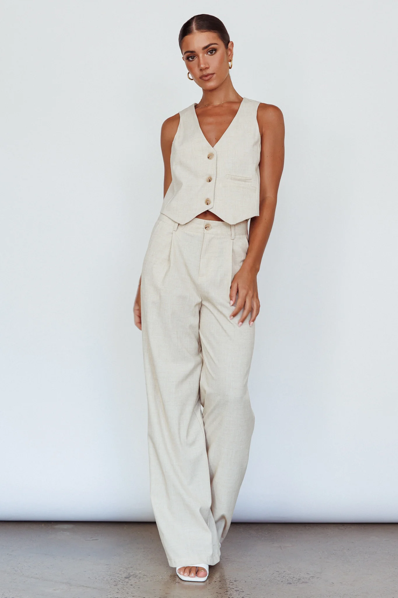 Times Square Buttoned Waistcoat Top Natural - Image 3