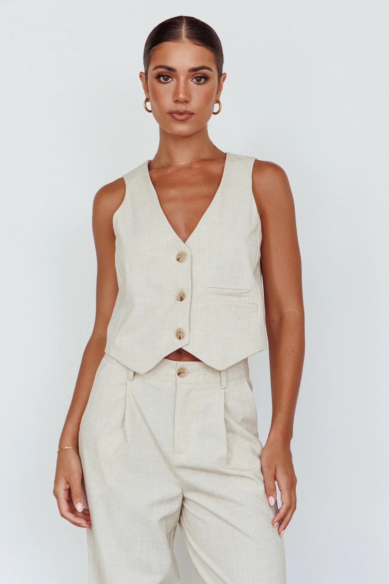 Times Square Buttoned Waistcoat Top Natural - Image 4