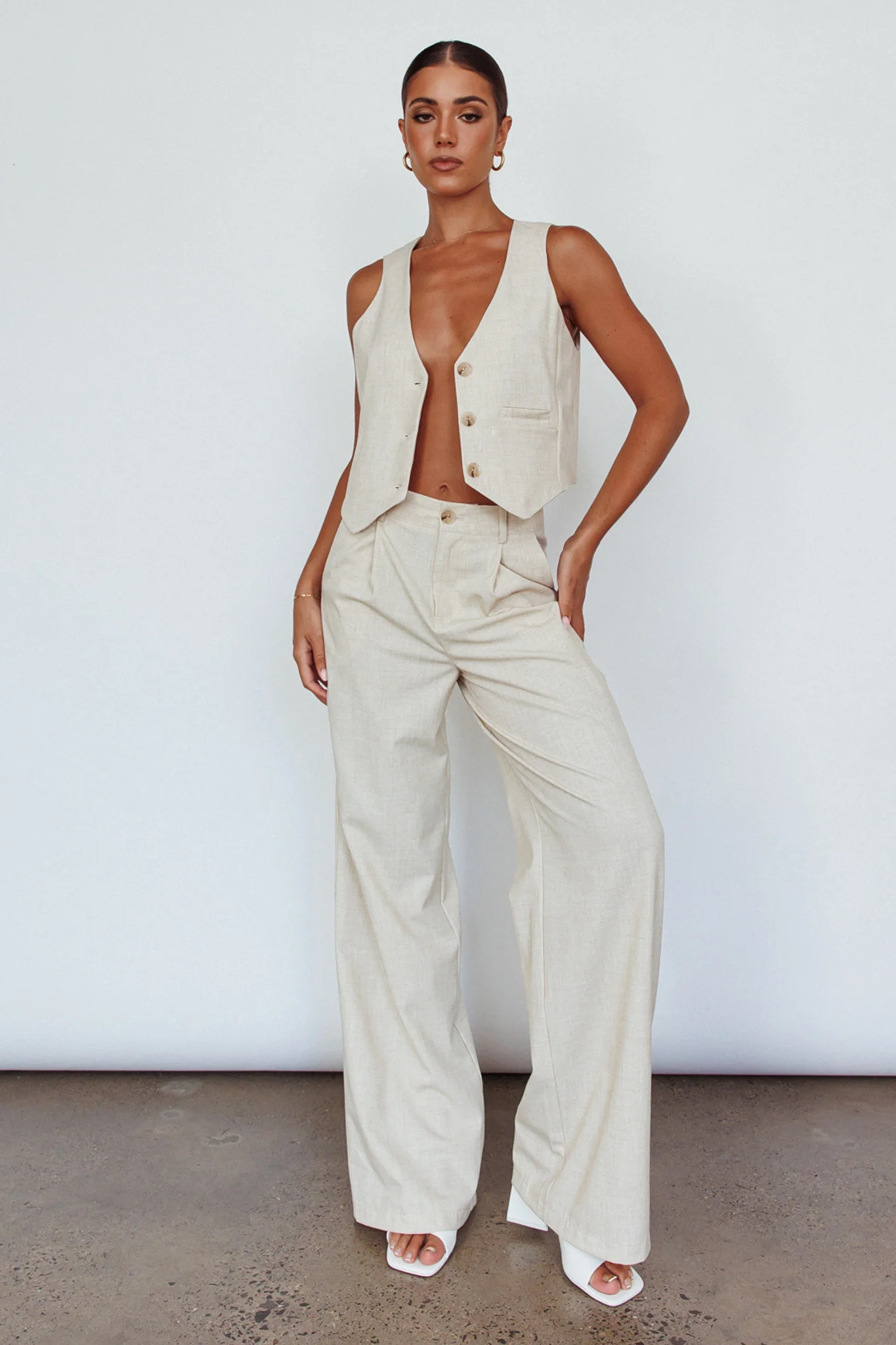 Times Square Buttoned Waistcoat Top Natural - Image 7