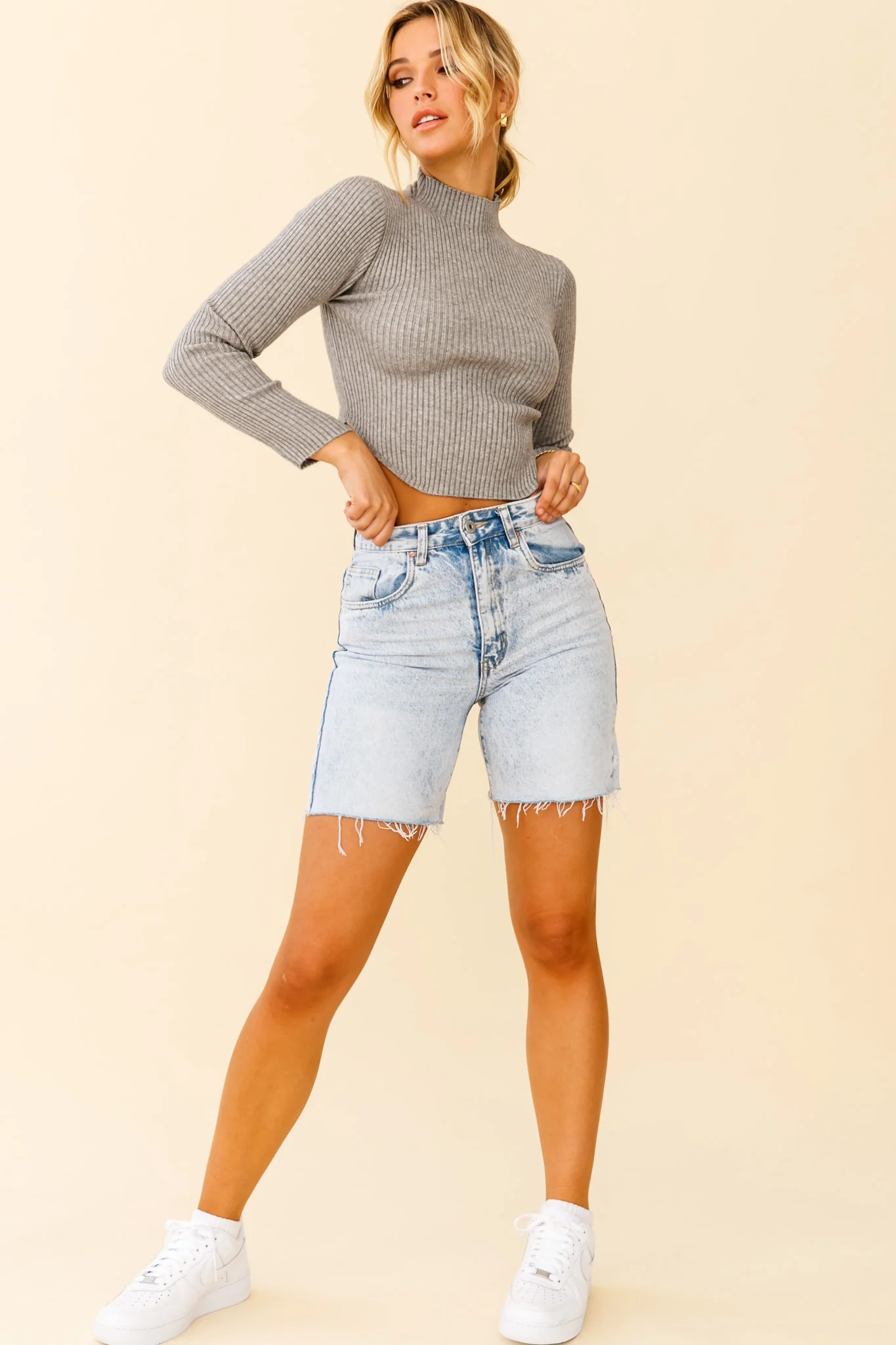 Tina Long Sleeve Ribbed Turtleneck Top Grey Marle - Image 3