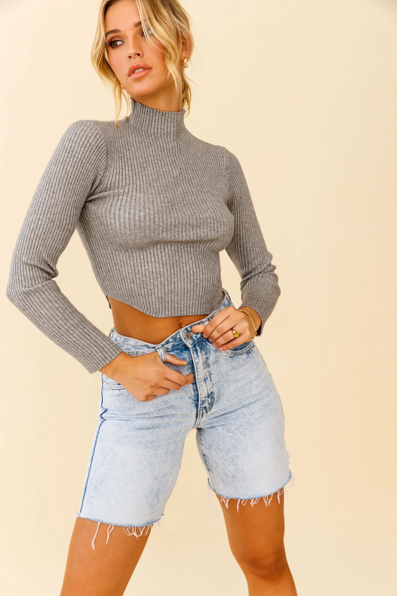 Tina Long Sleeve Ribbed Turtleneck Top Grey Marle - Image 7