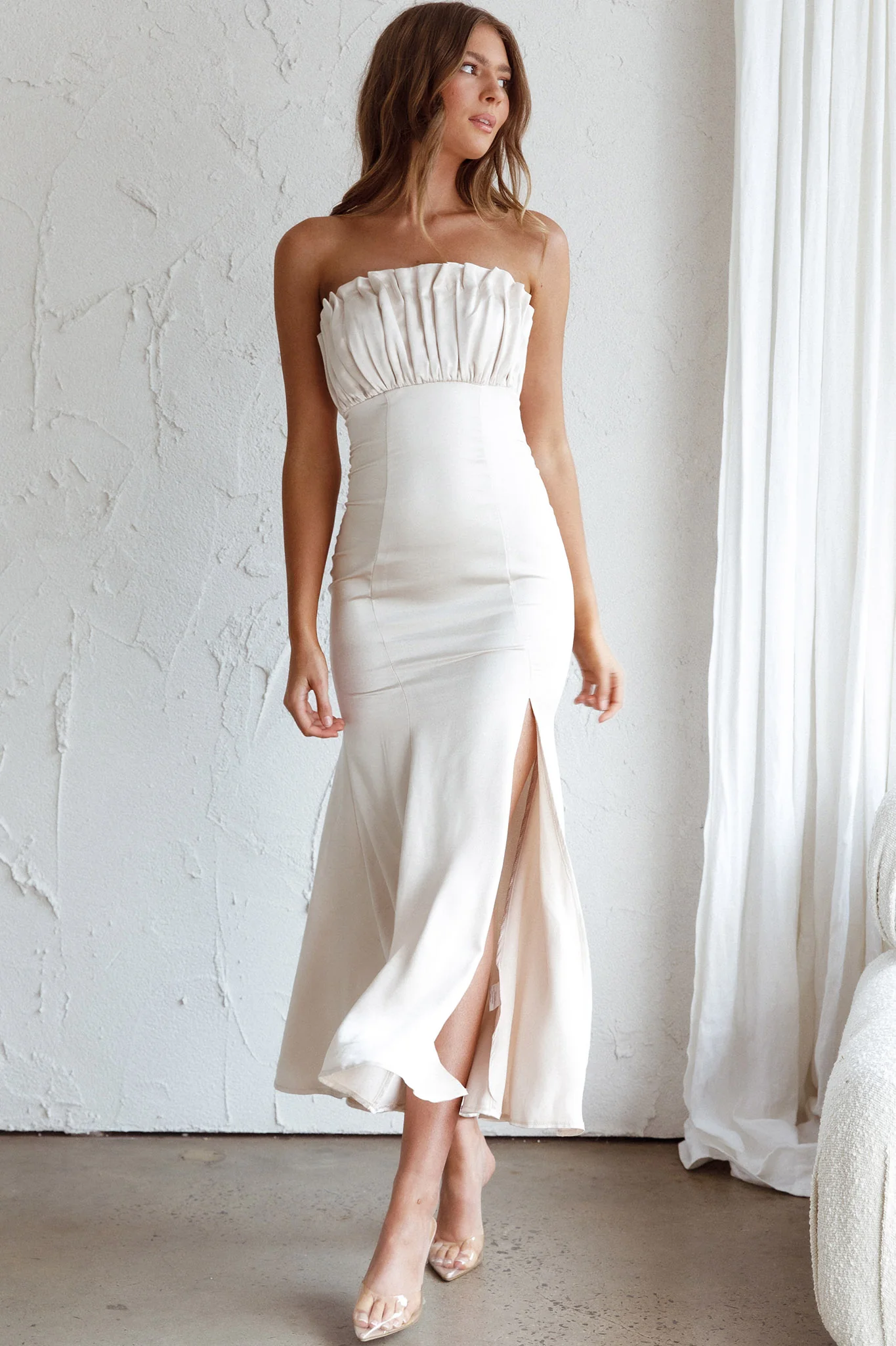 Tivoli Strapless Gathered Bust Midi Dress Champagne - Image 3