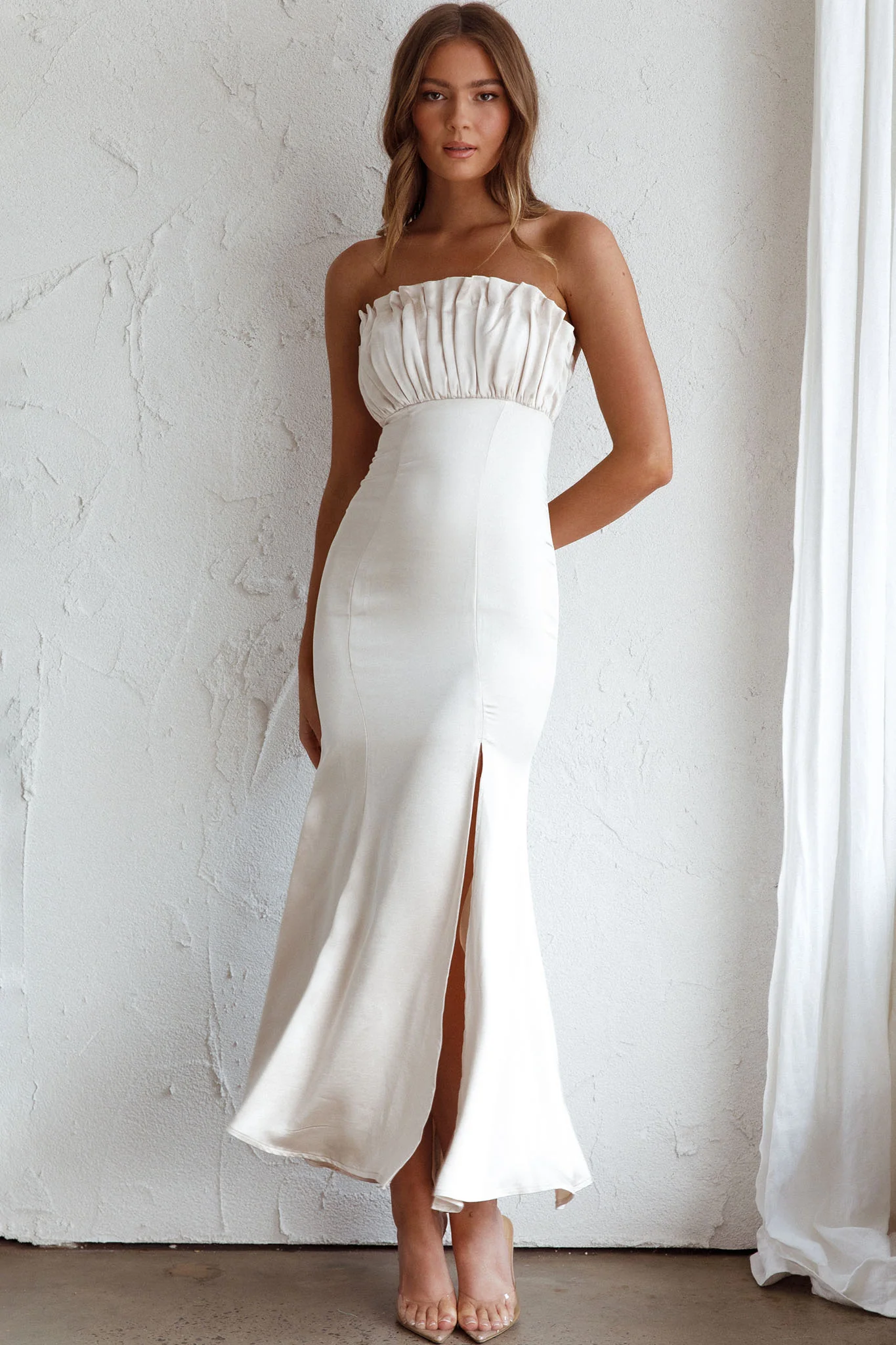 Tivoli Strapless Gathered Bust Midi Dress Champagne - Image 7