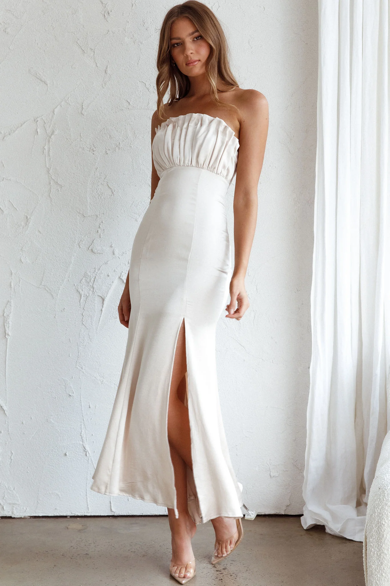 Tivoli Strapless Gathered Bust Midi Dress Champagne - Image 8