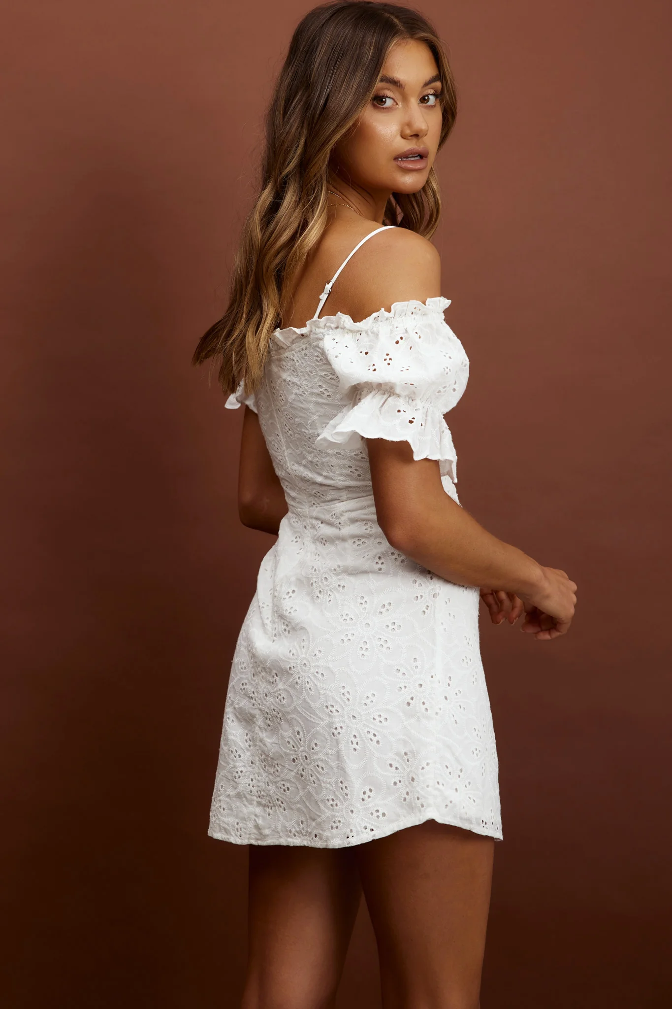 Toluca Puff Sleeve Frill Trim Eyelet Dress White - Image 2