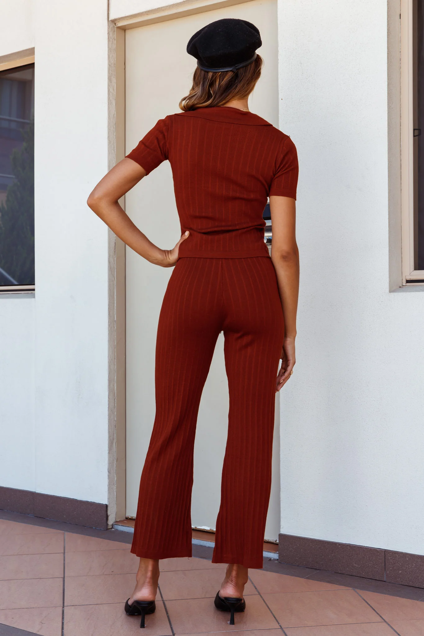 Tori High Waist Flared Knit Pants Mocha - Image 2