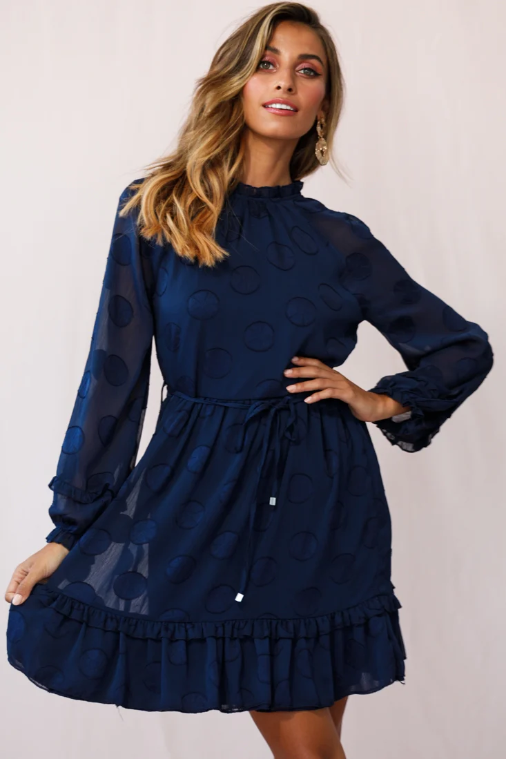 Tracee High Neckline Sheer Sleeve Polka Dot Dress Navy - Image 7