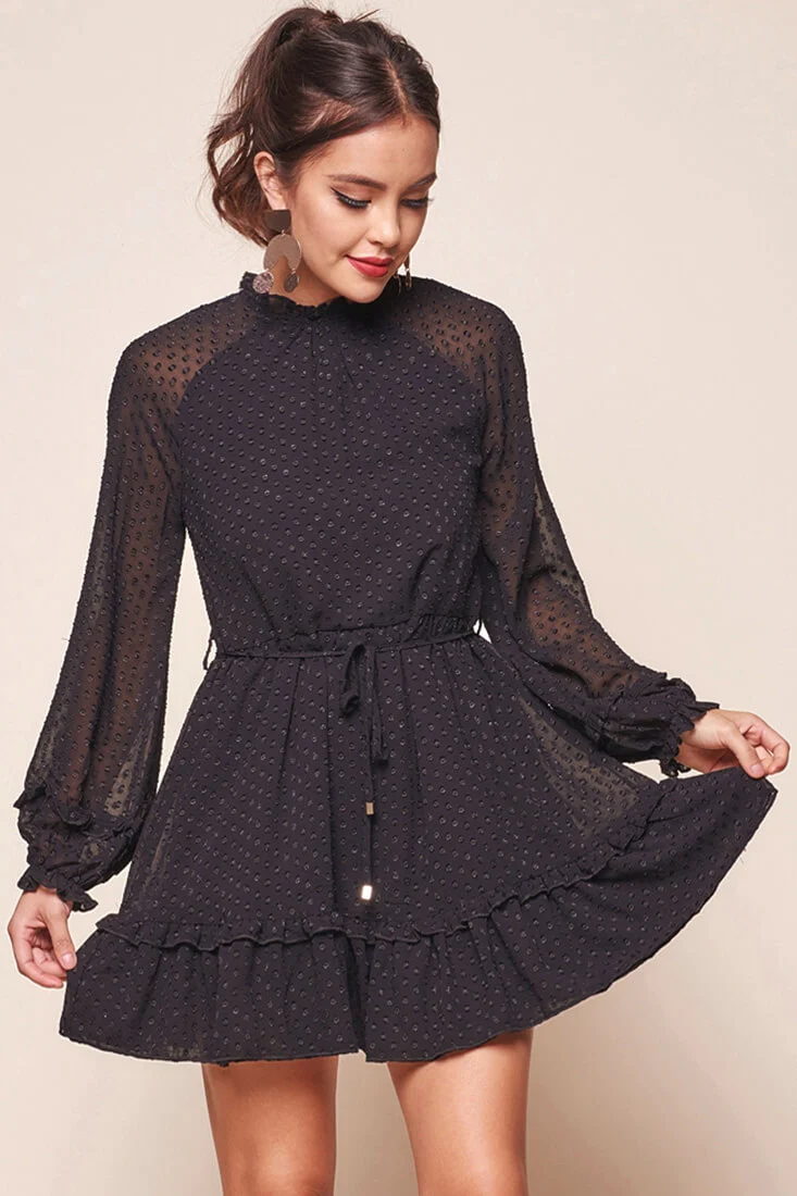 Tracee Open Black Ruffled Hemline Dress Black - Image 7