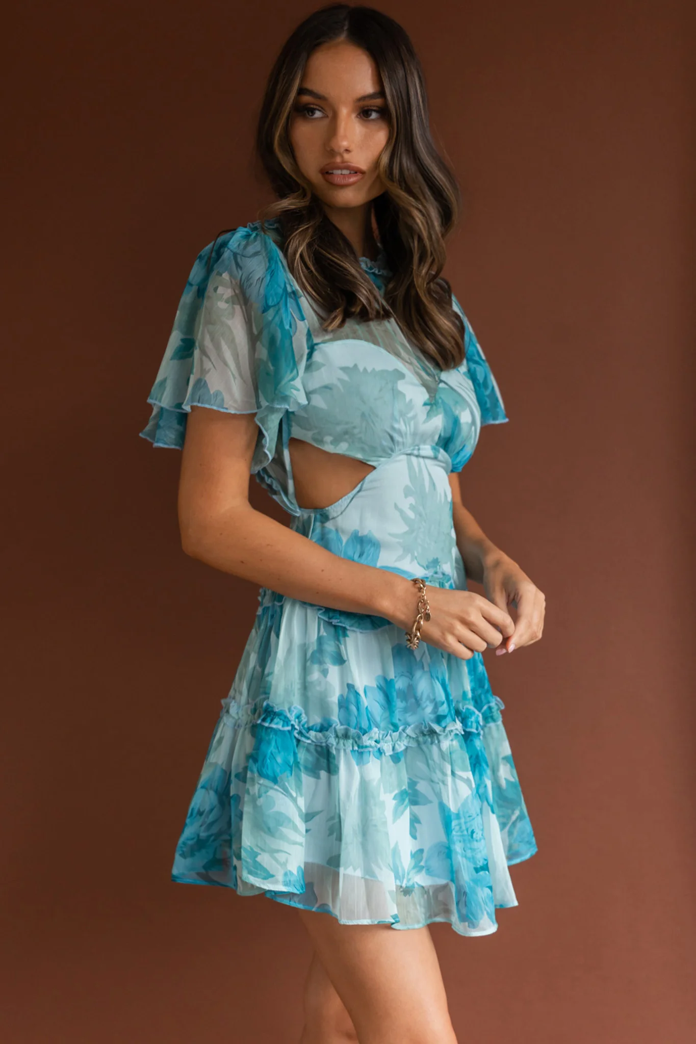 Tres Chic Flutter Sleeve Cut-Out Dress Botanical Blue - Image 7