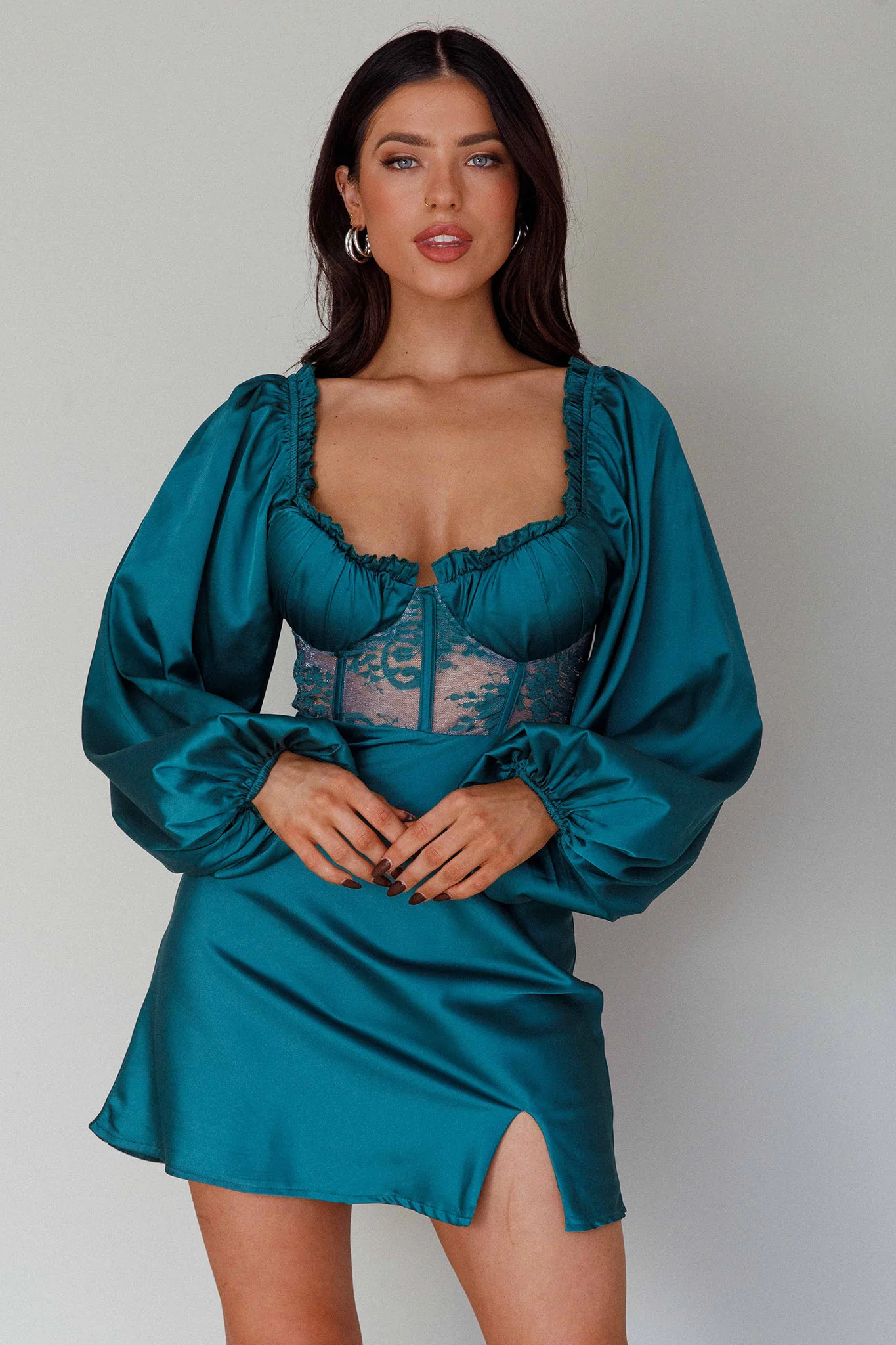 Trophy Long Sleeve Lace Bodice Mini Dress Forest Green - Image 5