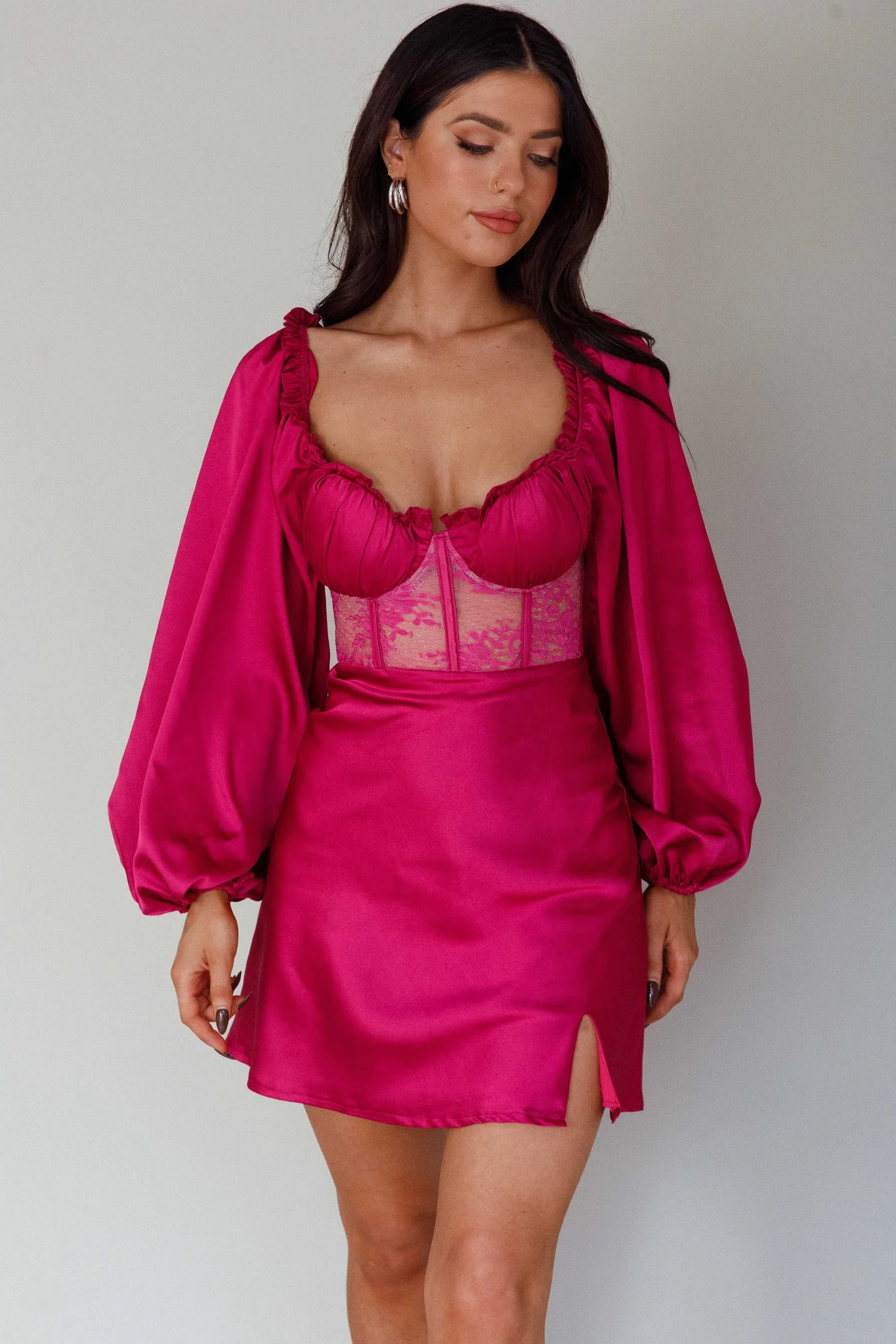 Trophy Long Sleeve Lace Bodice Mini Dress Plum - Image 5