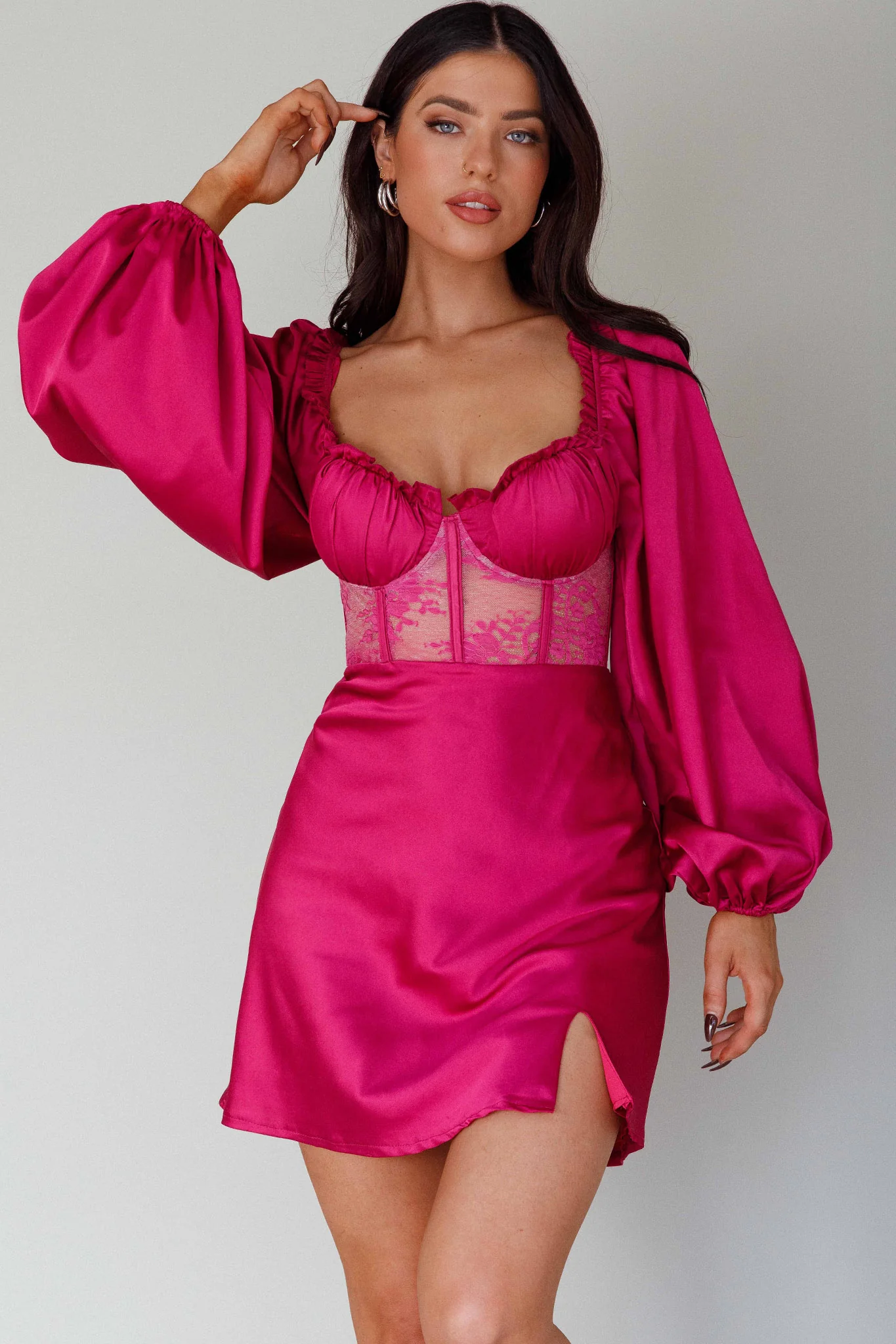 Trophy Long Sleeve Lace Bodice Mini Dress Plum - Image 7