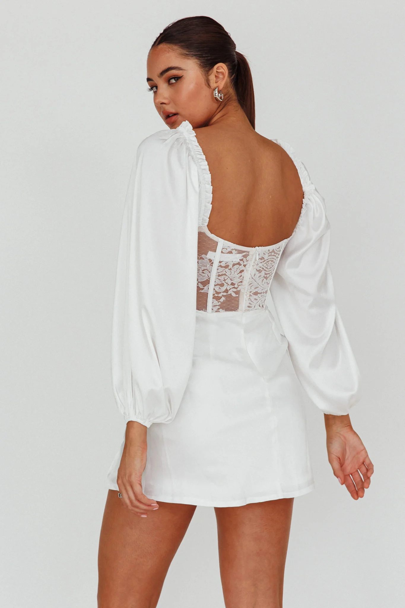 Trophy Long Sleeve Lace Bodice Mini Dress White - Image 2
