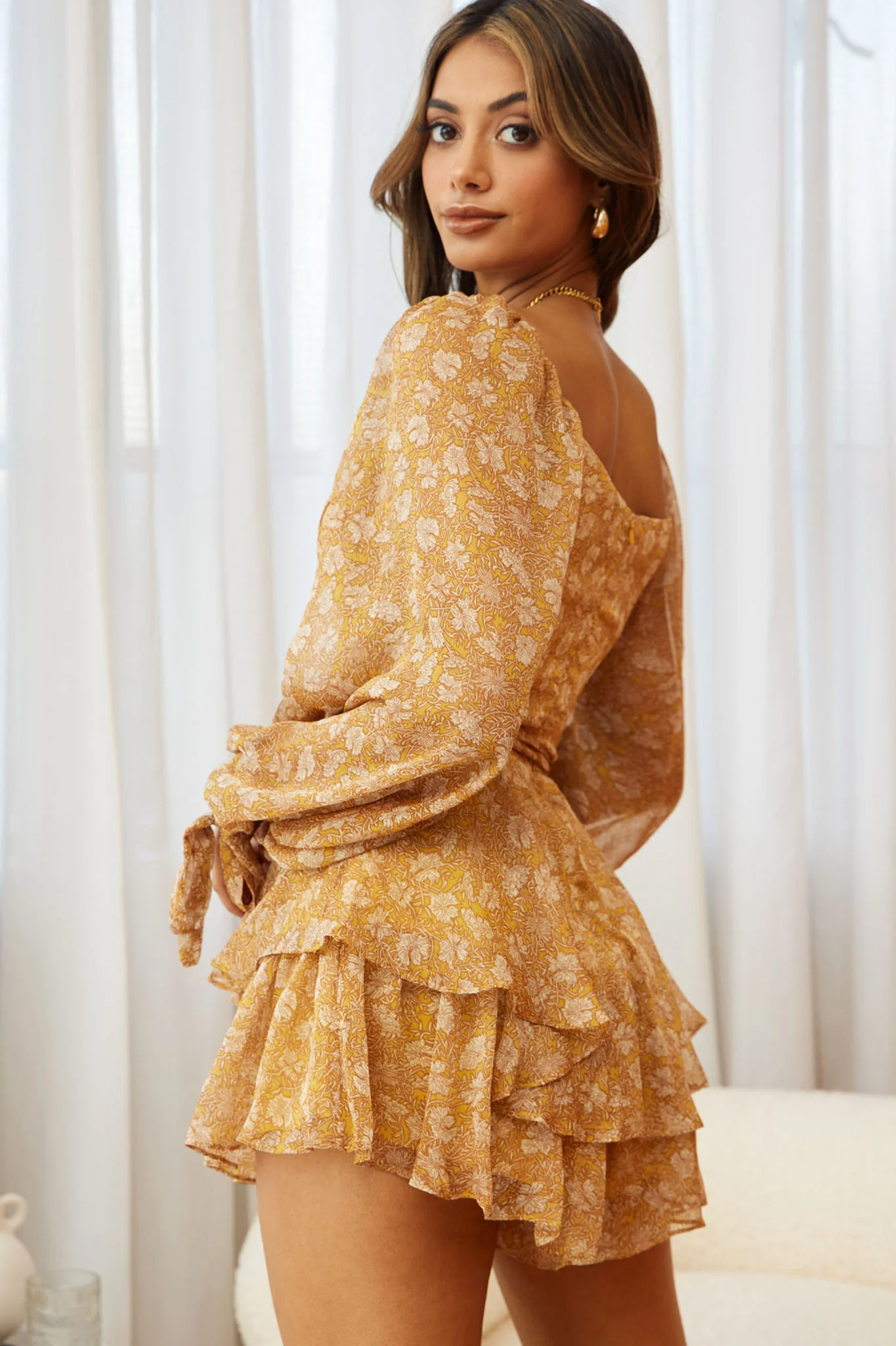 True Love Long Balloon Sleeve Layered Flounce Romper Floral Print Mustard - Image 2