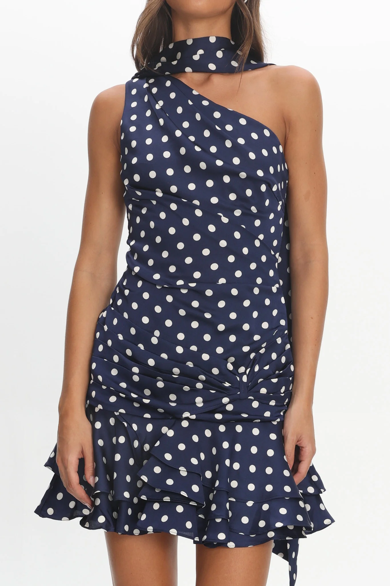 Truett One-Shoulder Sash Mini Dress Polka Dot Navy - Image 3