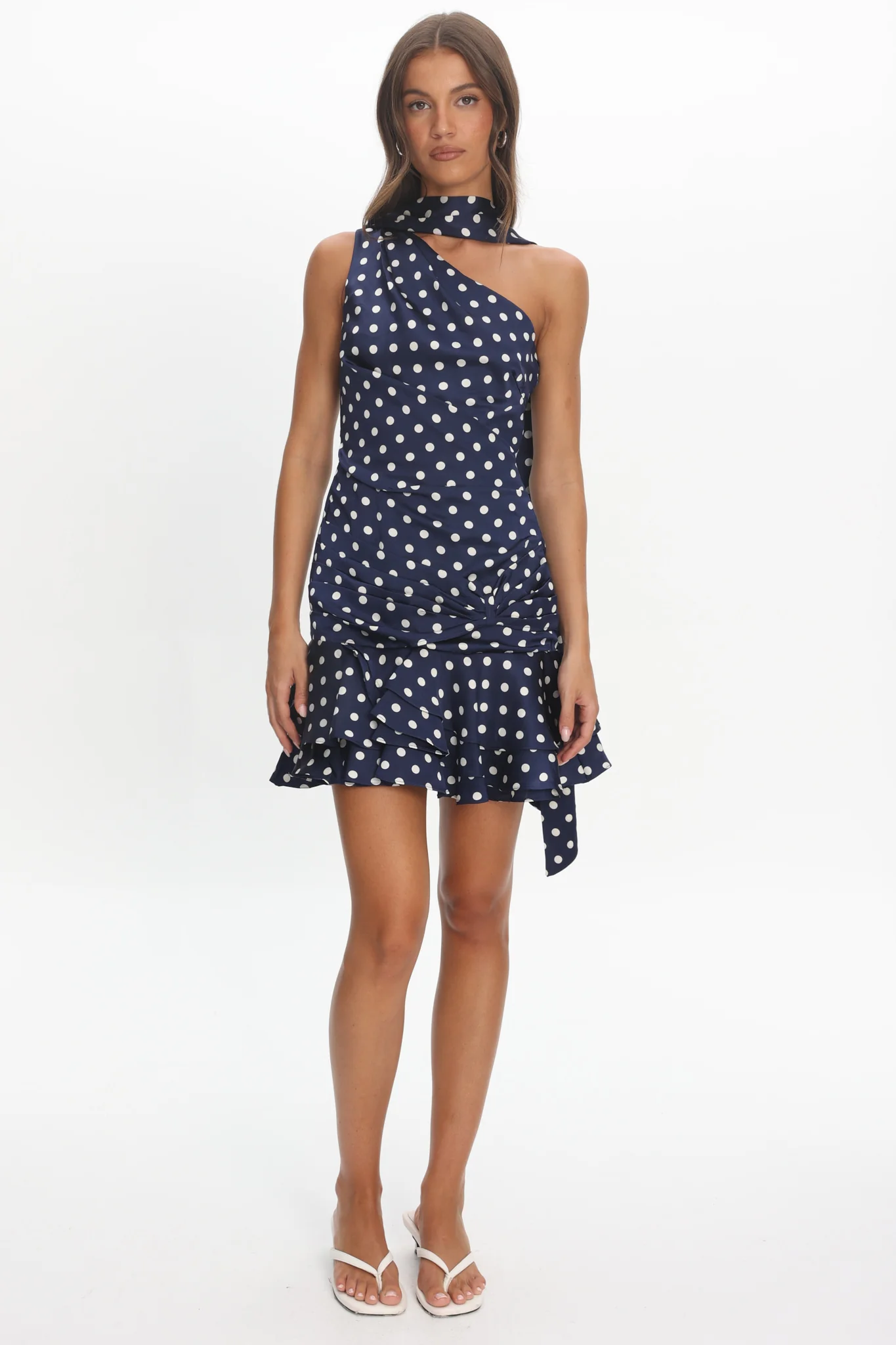 Truett One-Shoulder Sash Mini Dress Polka Dot Navy - Image 4