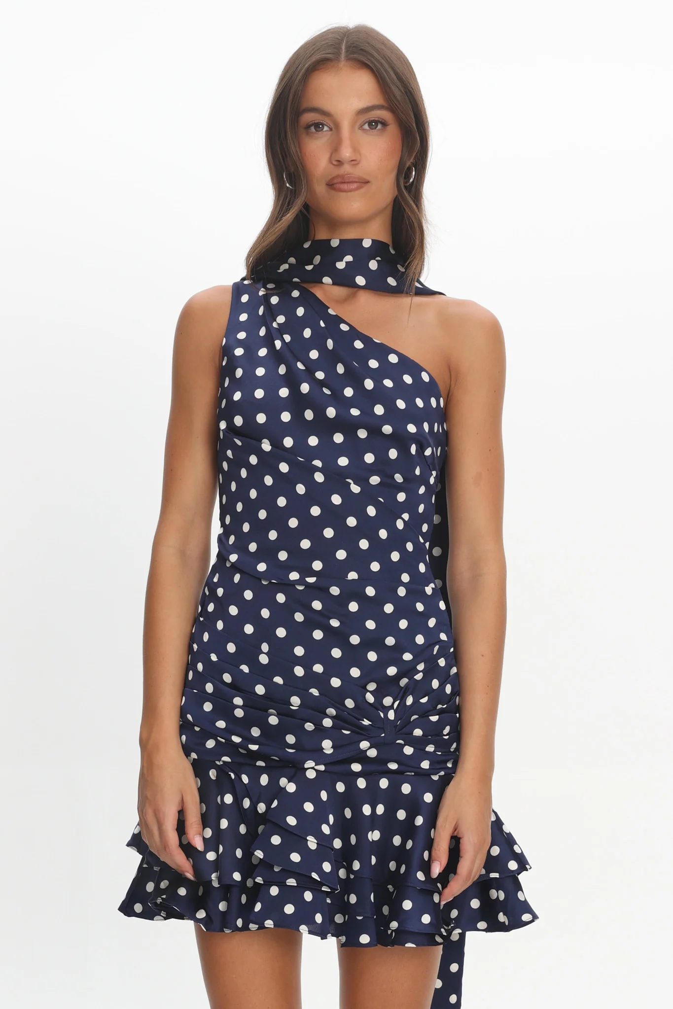 Truett One-Shoulder Sash Mini Dress Polka Dot Navy - Image 5