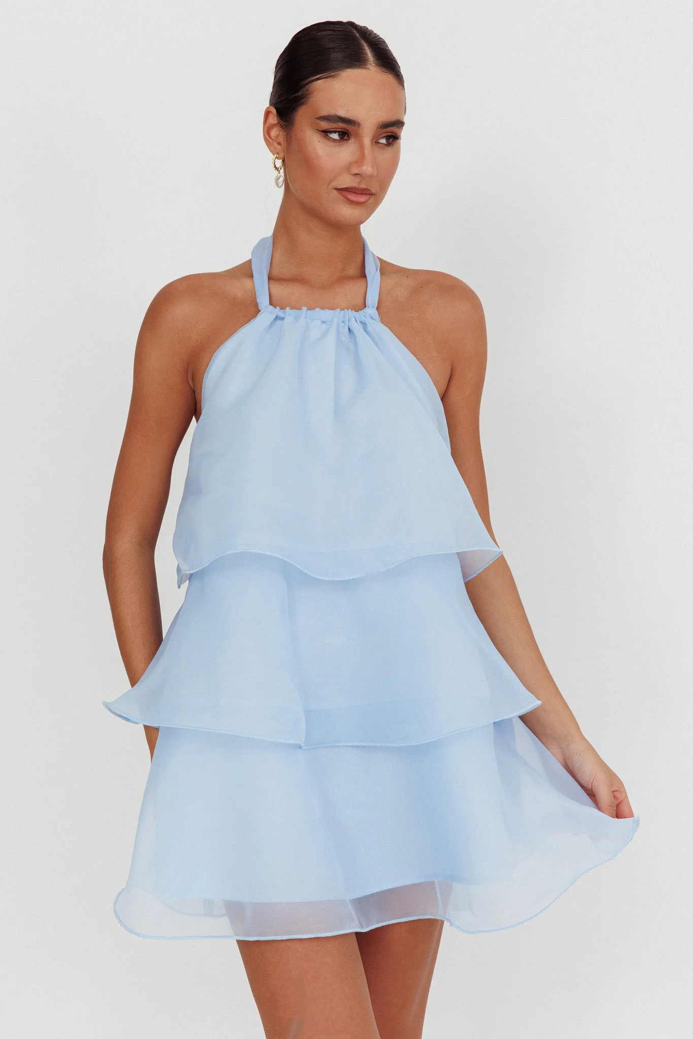 Tulips Tiered Halterneck Mini Dress Baby Blue - Image 5