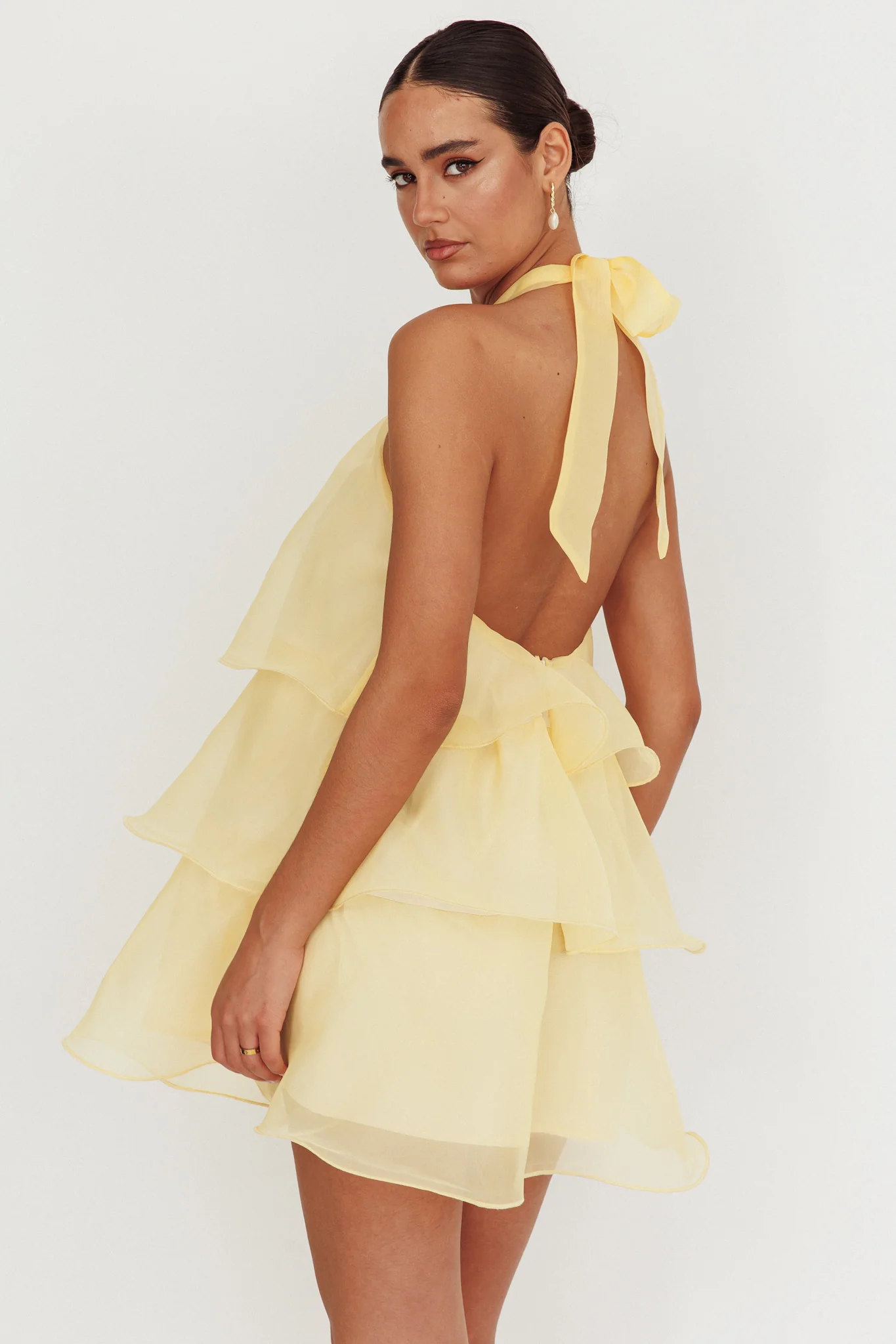 Tulips Tiered Halterneck Mini Dress Lemon - Image 2