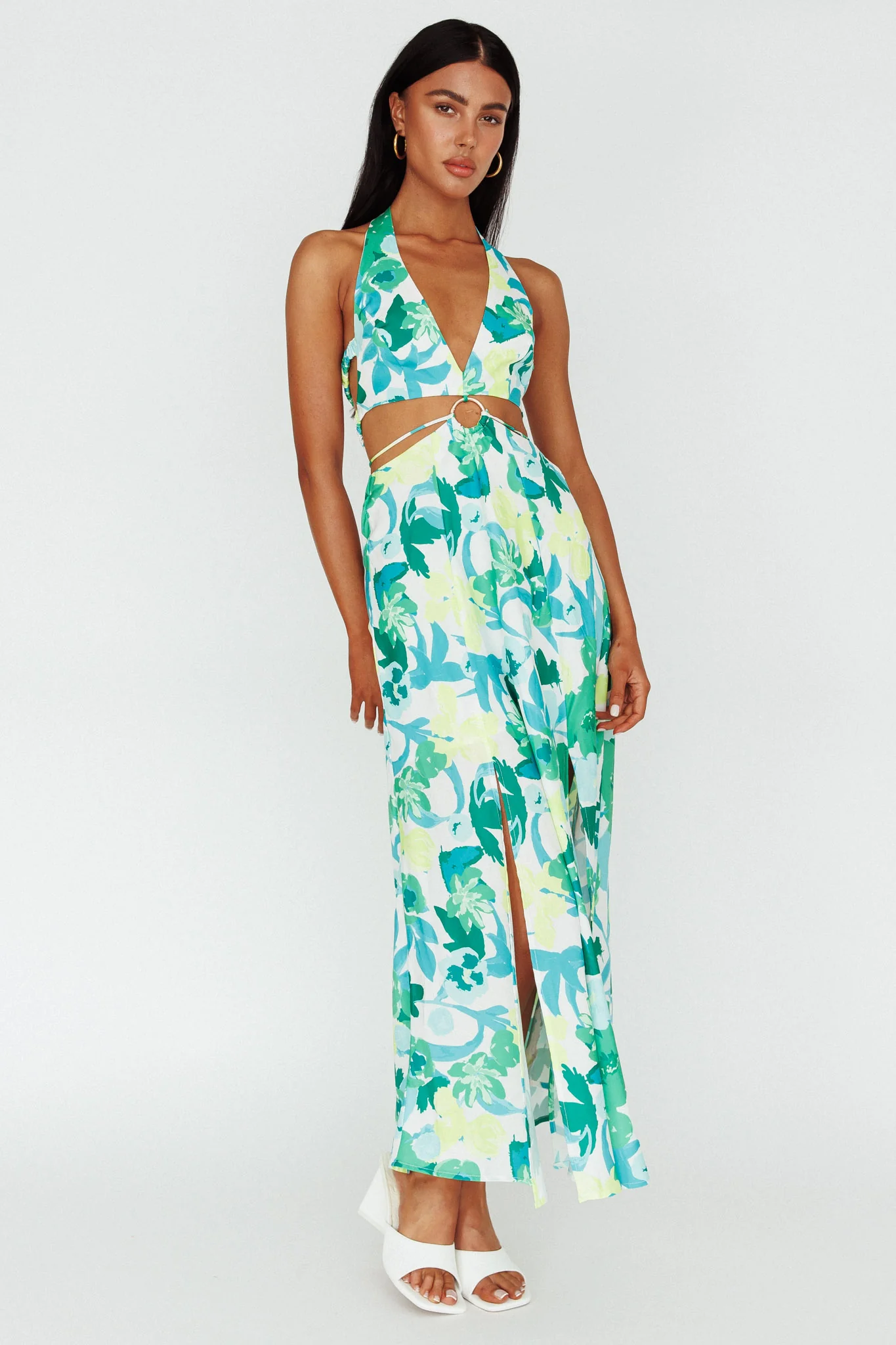 Tuscan Summers Cut-Out Midi Dress Floral Green - Image 5