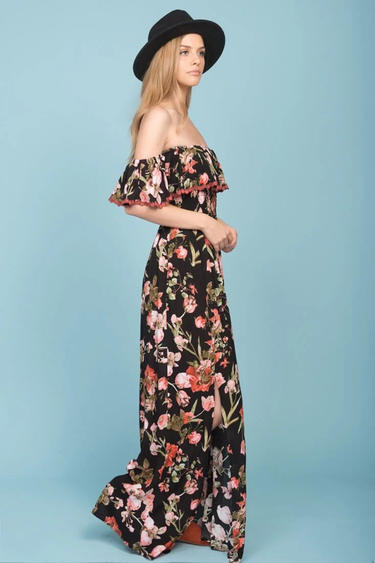 Tuscany Off The Shoulder Maxi Dress Black & Red - Image 2