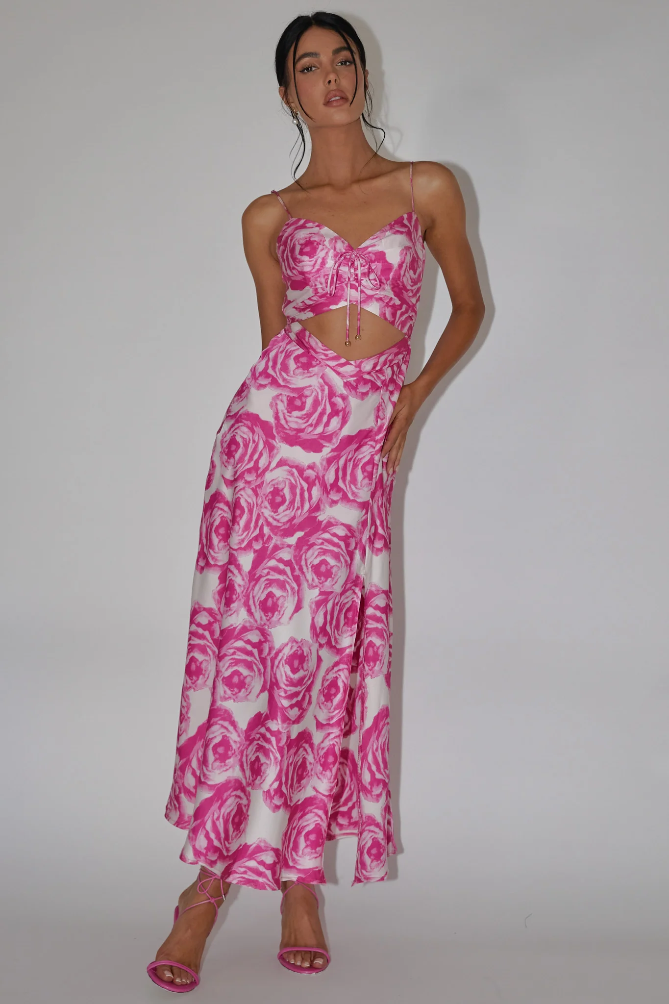 Twin Flame Drawstring Bust Midi Dress Floral Pink - Image 3