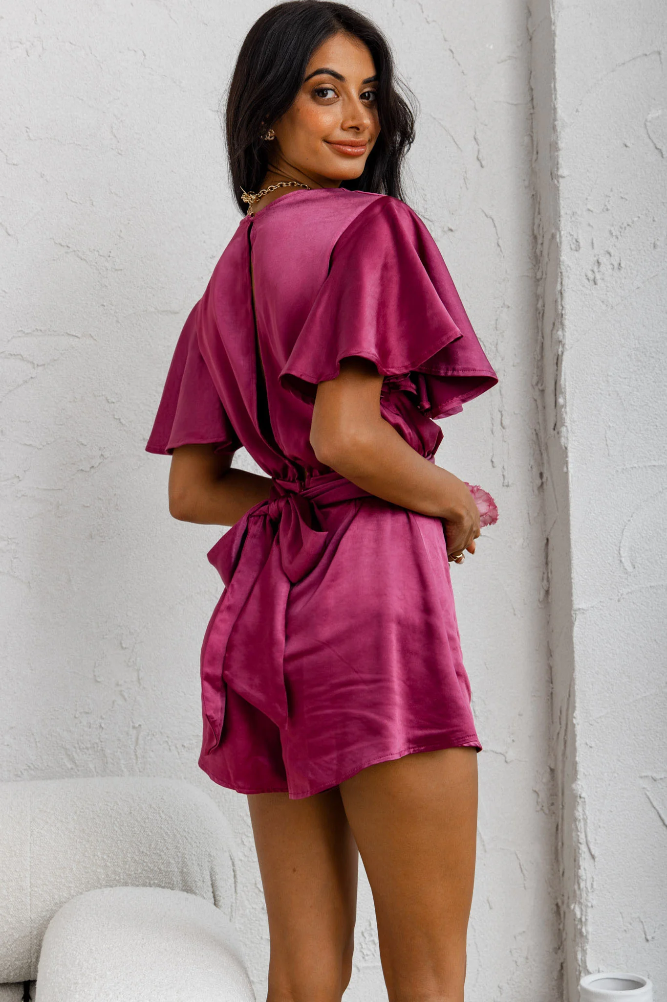 Unconditional Plunging Wrap Style Romper Fuchsia - Image 2