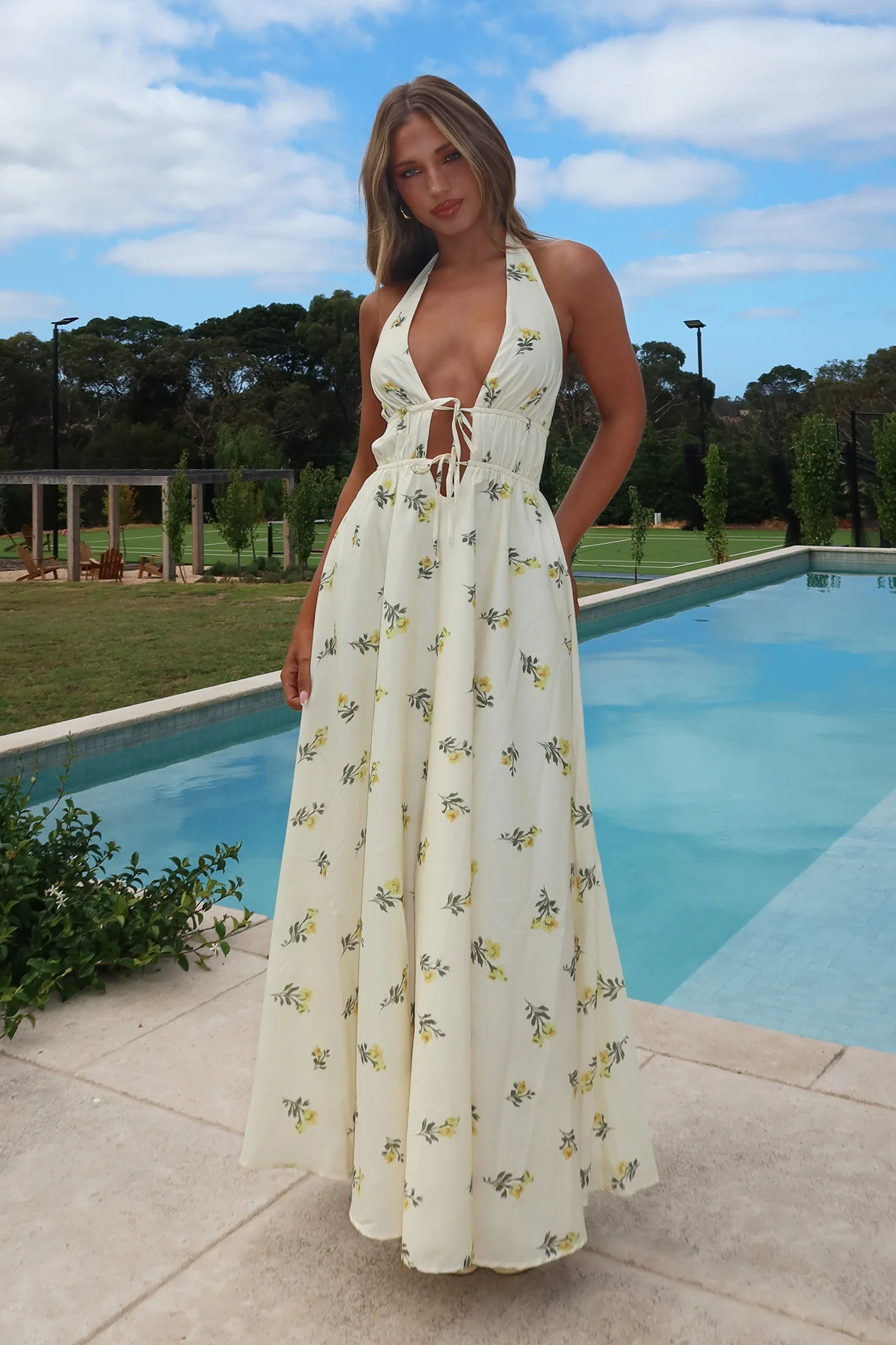 Under The Moons Tied Front Maxi Dress Floral Yellow - Image 2