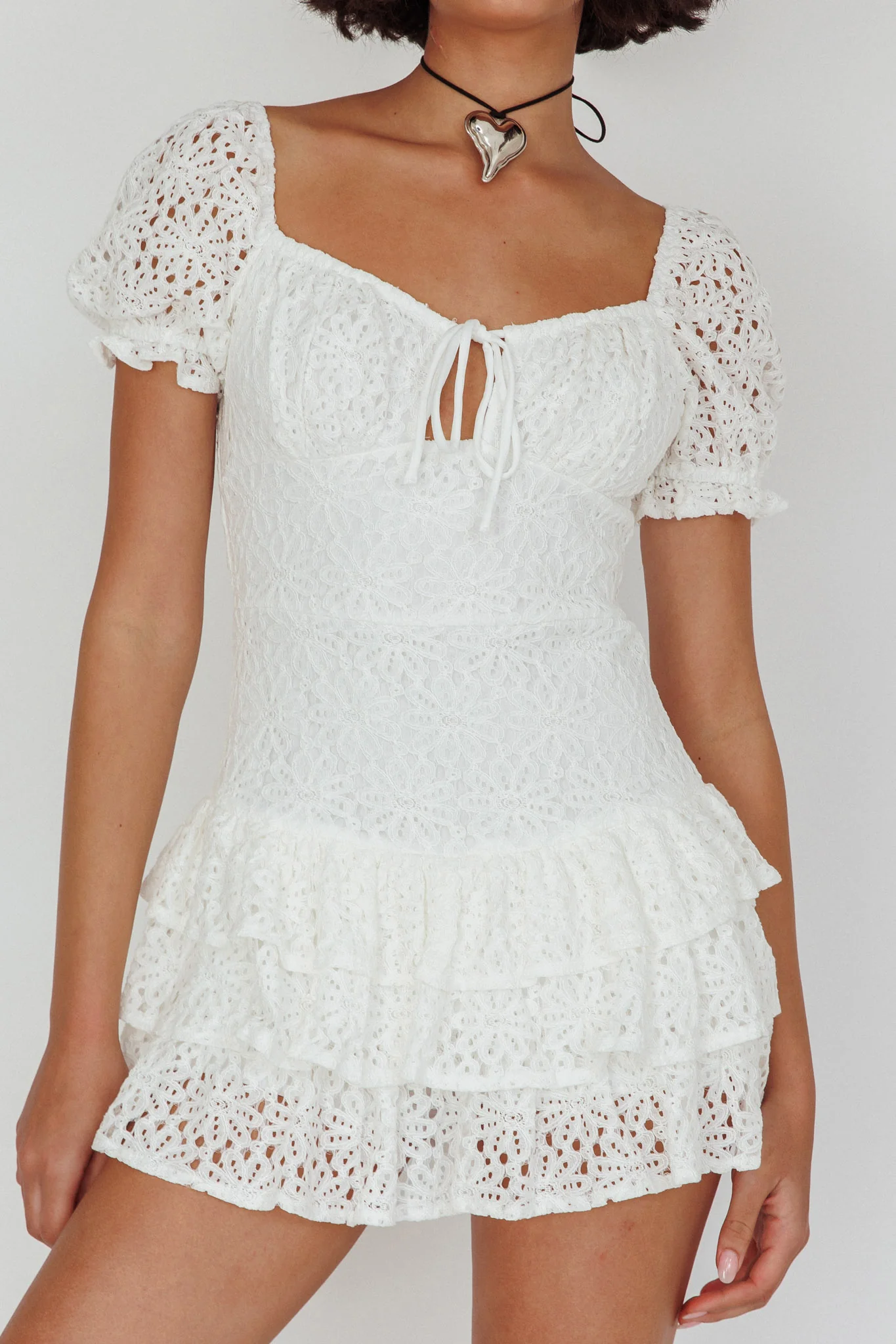 Vanda Layered Ruffle Lace Mini Dress White - Image 4