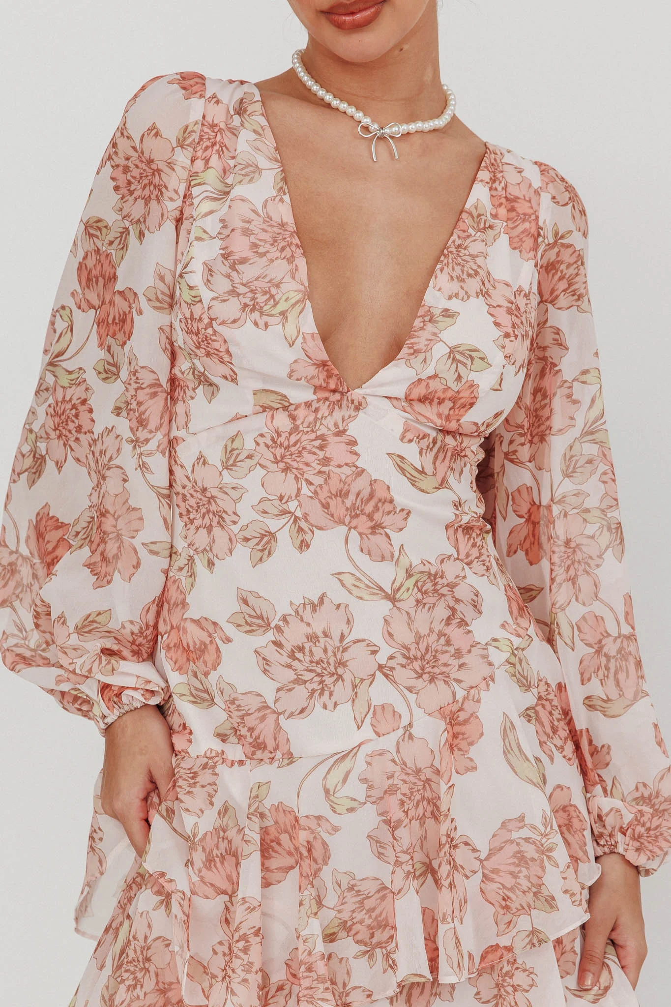 Veda Long Sleeve Floral Tiered Ruffle Maxi Dress Peach - Image 4