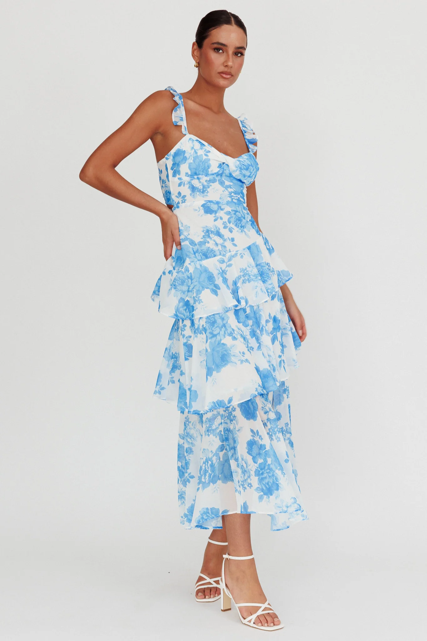 Veda Ruffle Strap Split Maxi Dress Floral White/Blue - Image 5