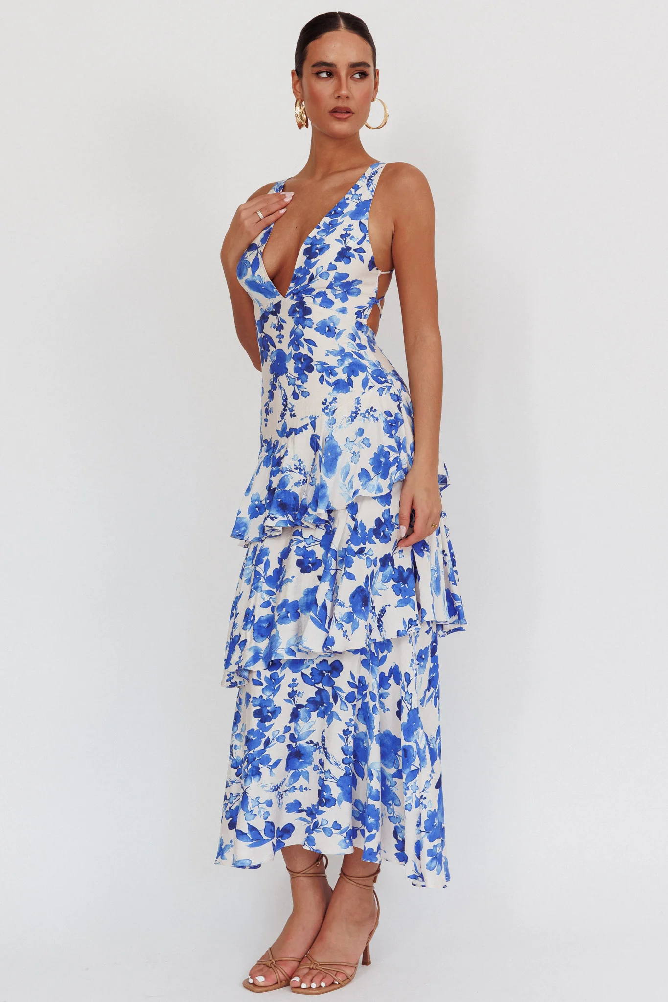 Veda Strappy Back Ruffle Maxi Dress Floral Blue - Image 3