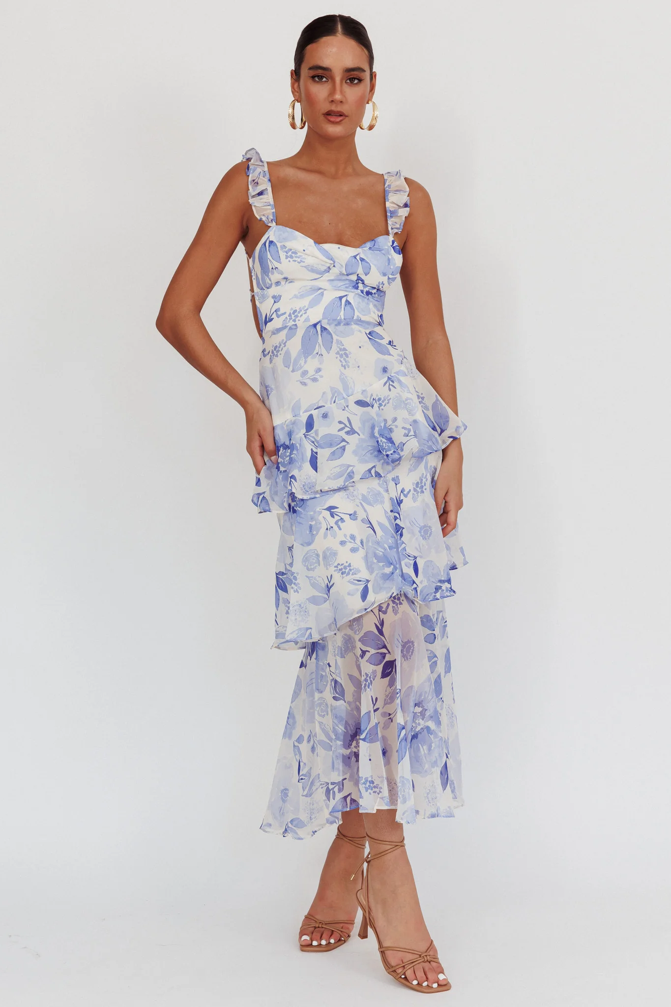 Veda Strappy Back Ruffle Maxi Dress Flowers Blue - Image 5