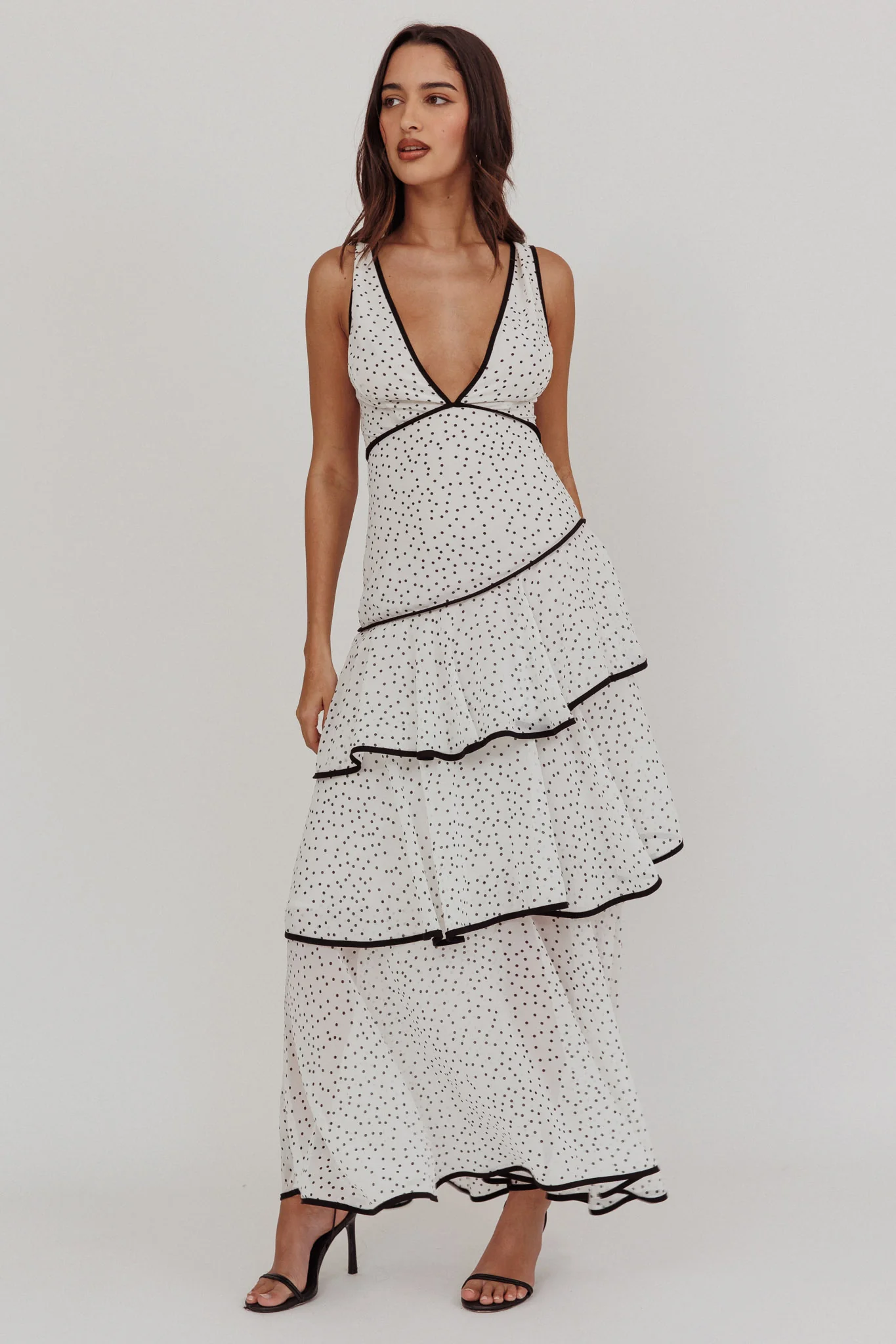 Veda Strappy Back Ruffle Maxi Dress Polka Dot White - Image 2