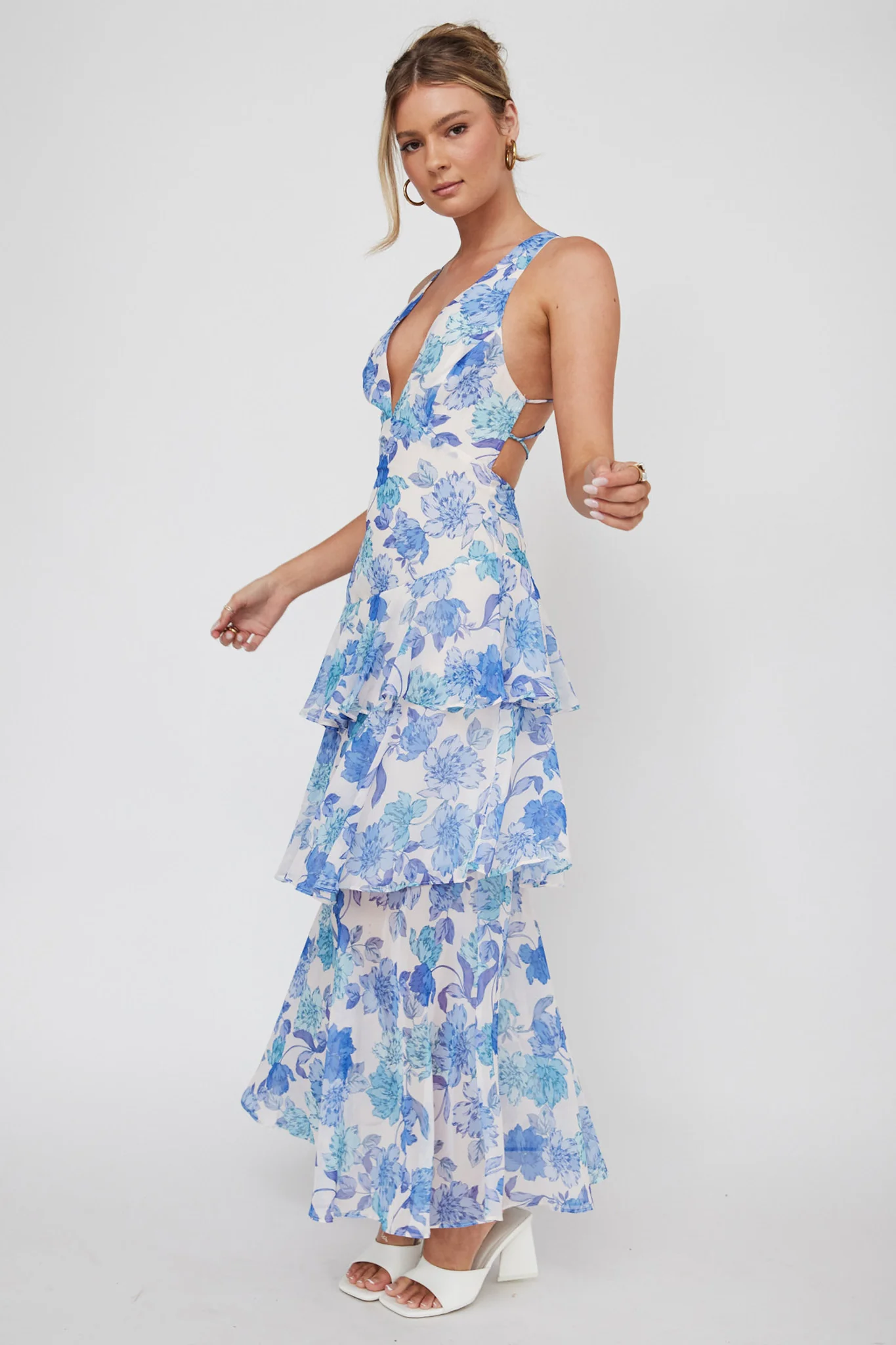 Veda Strappy Back Ruffle Midi Dress Floral Blue - Image 6