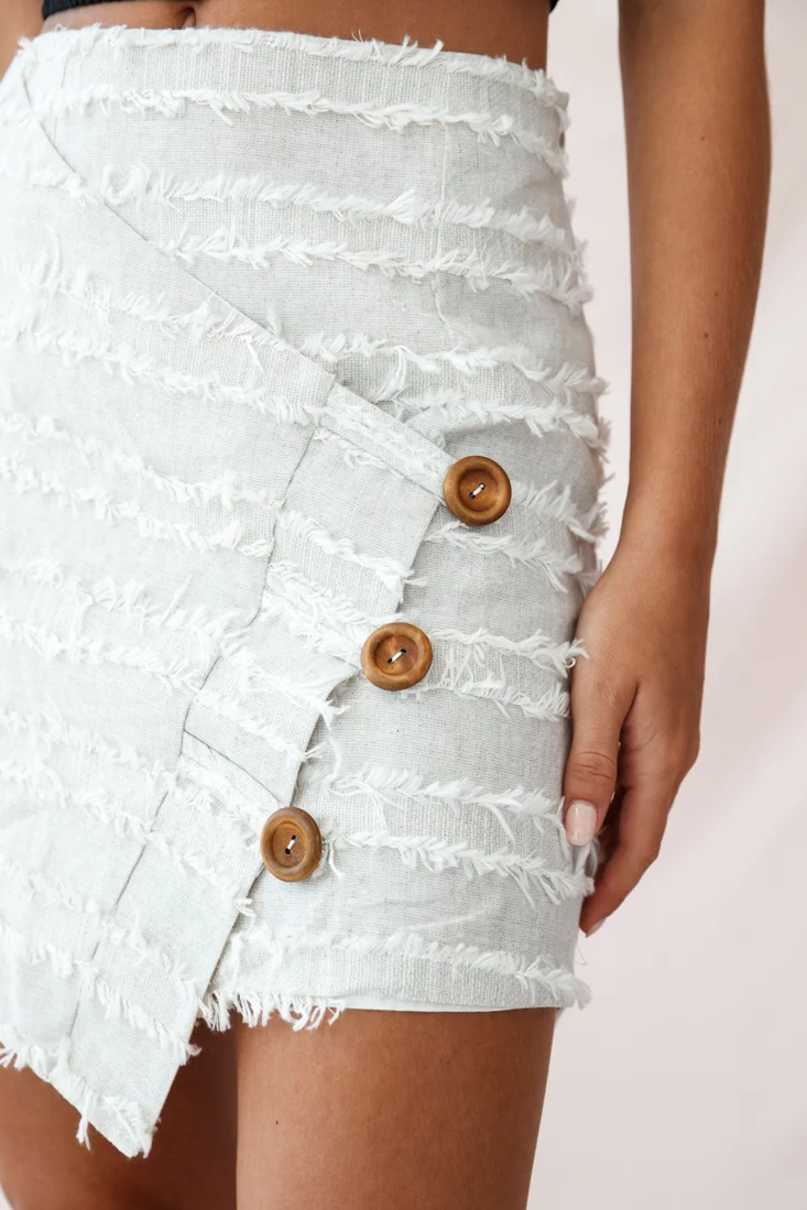 Venetian Faux Placket Frayed Wrap Mini Skirt Beige - Image 4