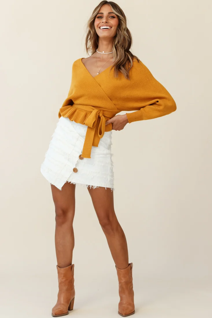 Venetian Faux Placket Frayed Wrap Mini Skirt White - Image 4