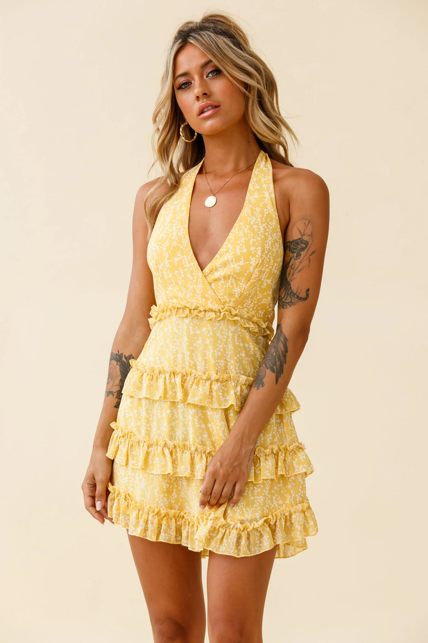 Venezuela Ruffle Trim Tie-Back Halterneck Dress Floral Print Yellow/White - Image 6