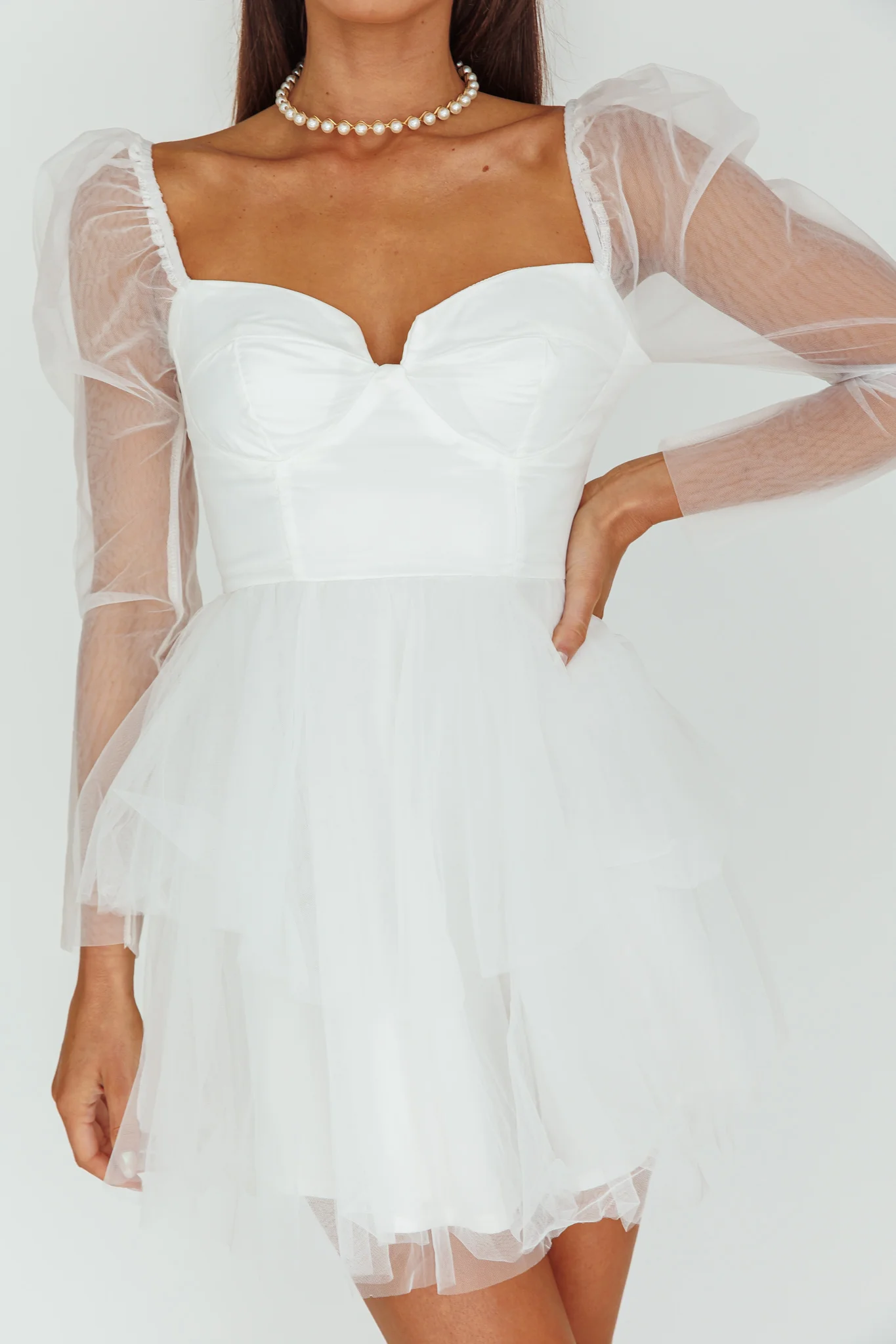 Veola Long Sleeve Tulle Mini Dress White - Image 4
