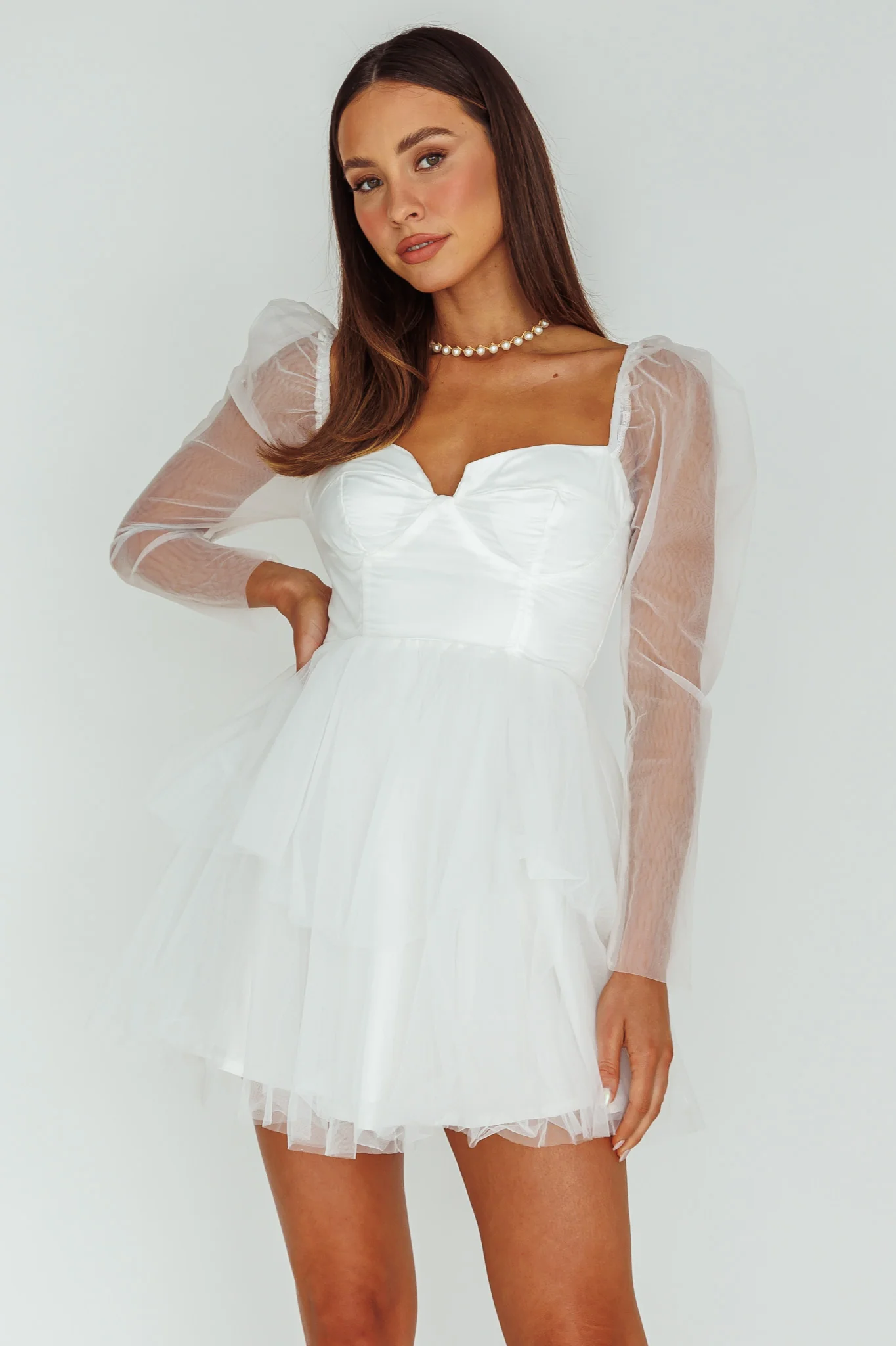 Veola Long Sleeve Tulle Mini Dress White - Image 5