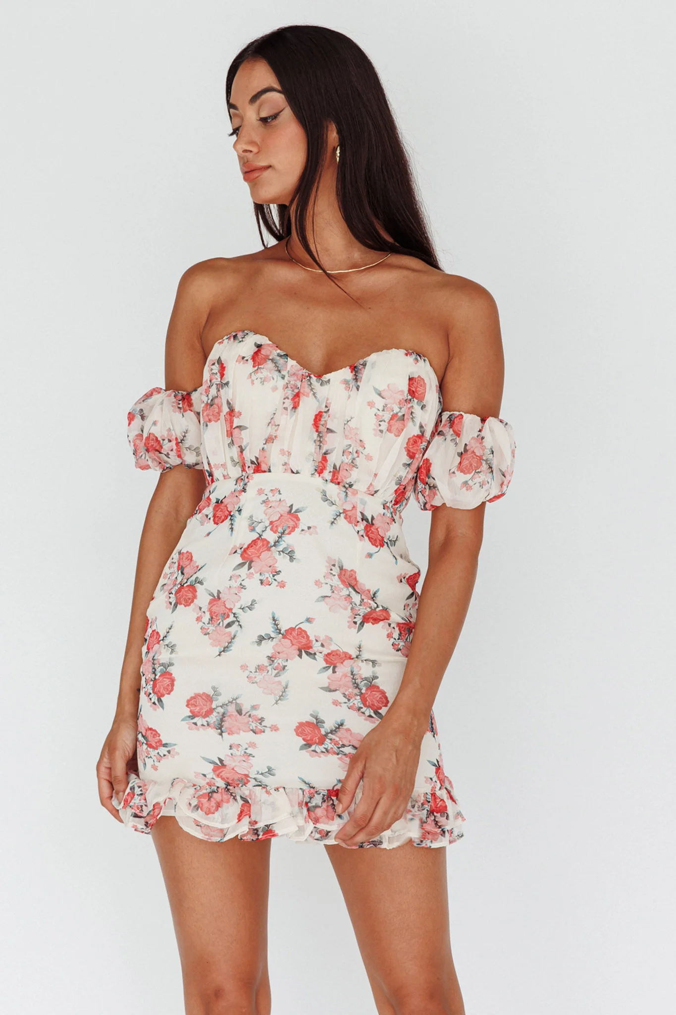 Verona Off-Shoulder Gathered Mini Dress Floral Red - Image 5