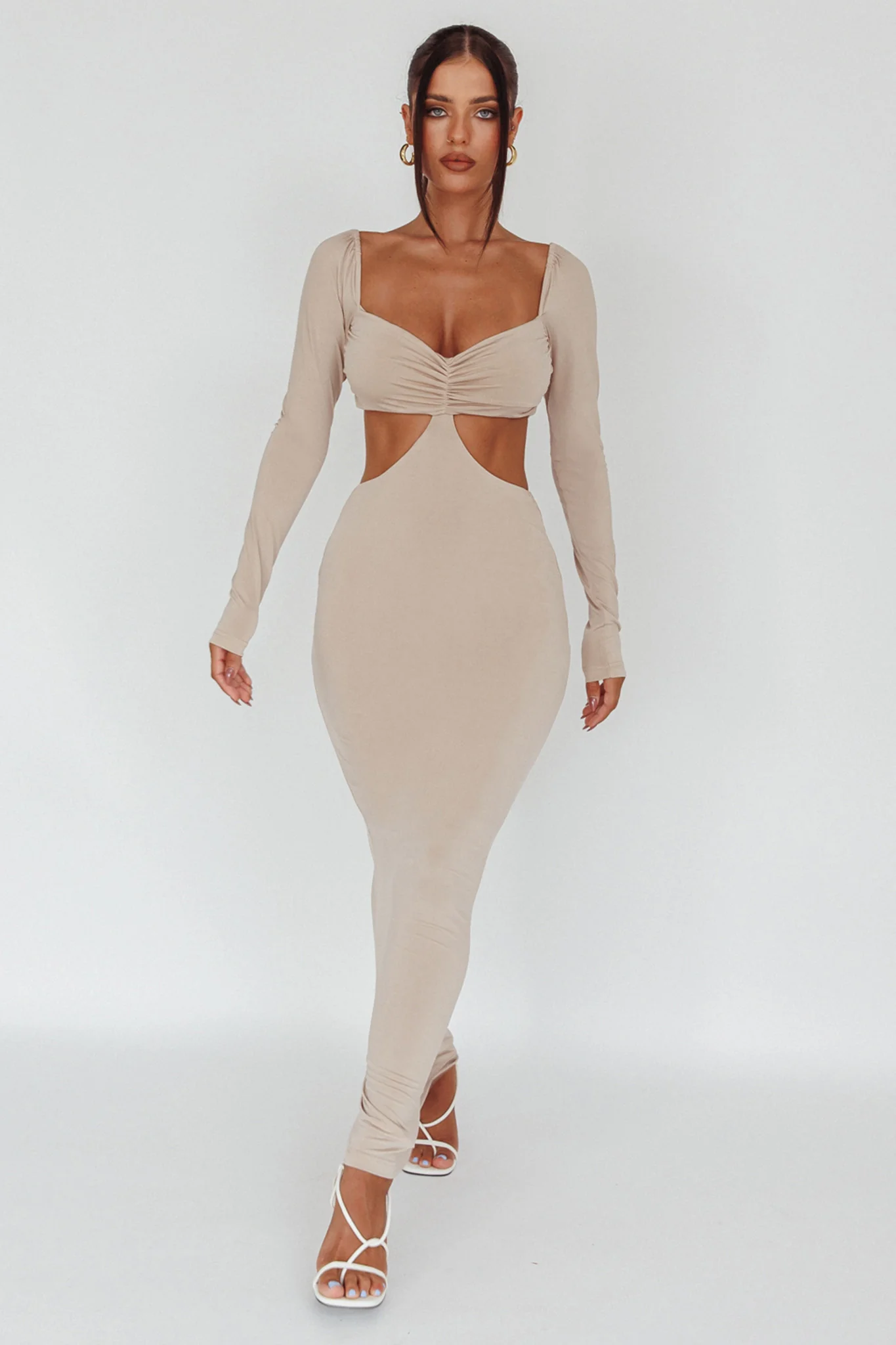 Vienna Long Sleeve Cut-Out Waist Maxi Dress Oat - Image 5