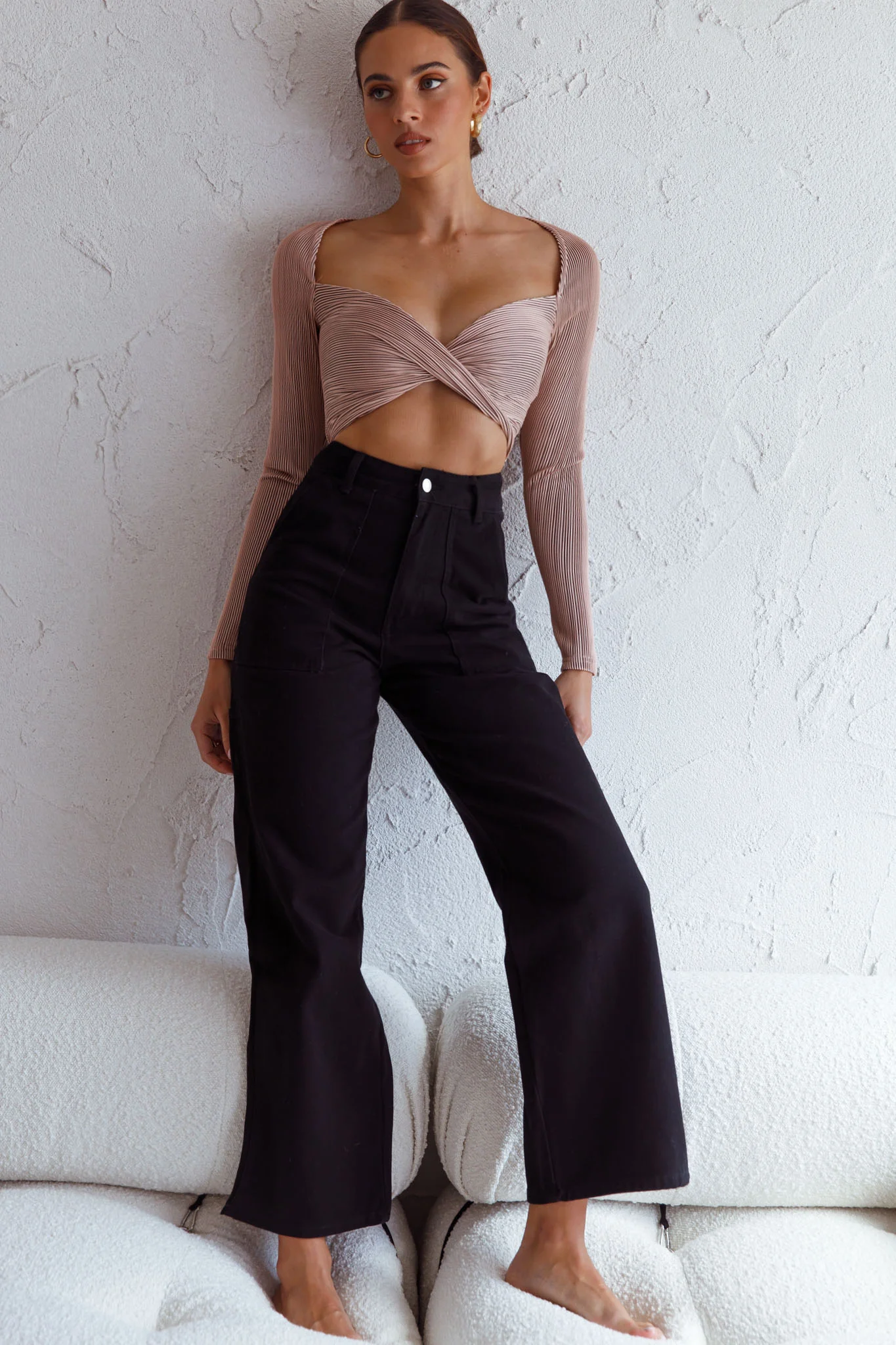 Villa Laguna Twist Bust Long Sleeve Crop Top Beige - Image 5
