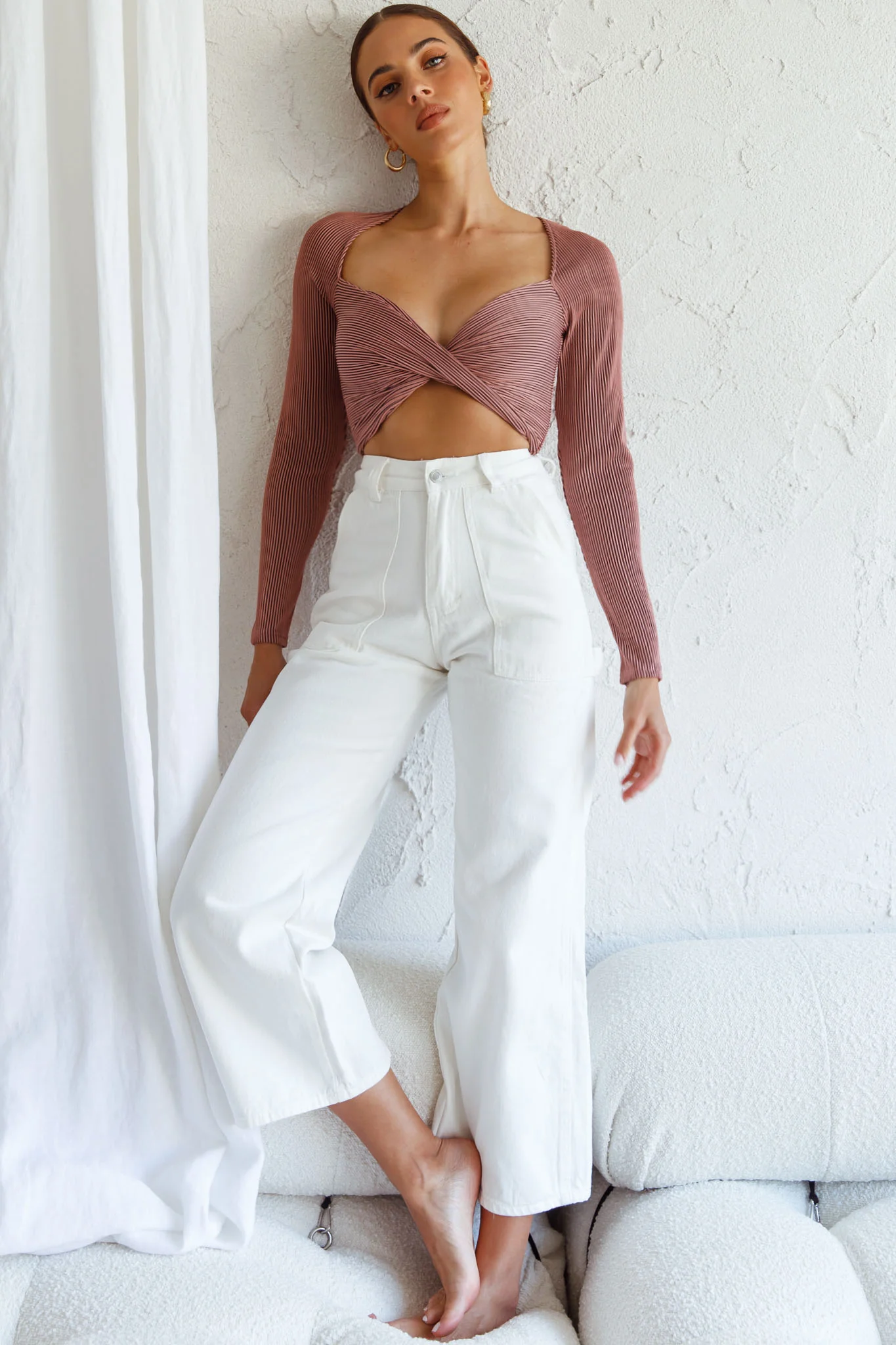 Villa Laguna Twist Bust Long Sleeve Crop Top Blush - Image 3
