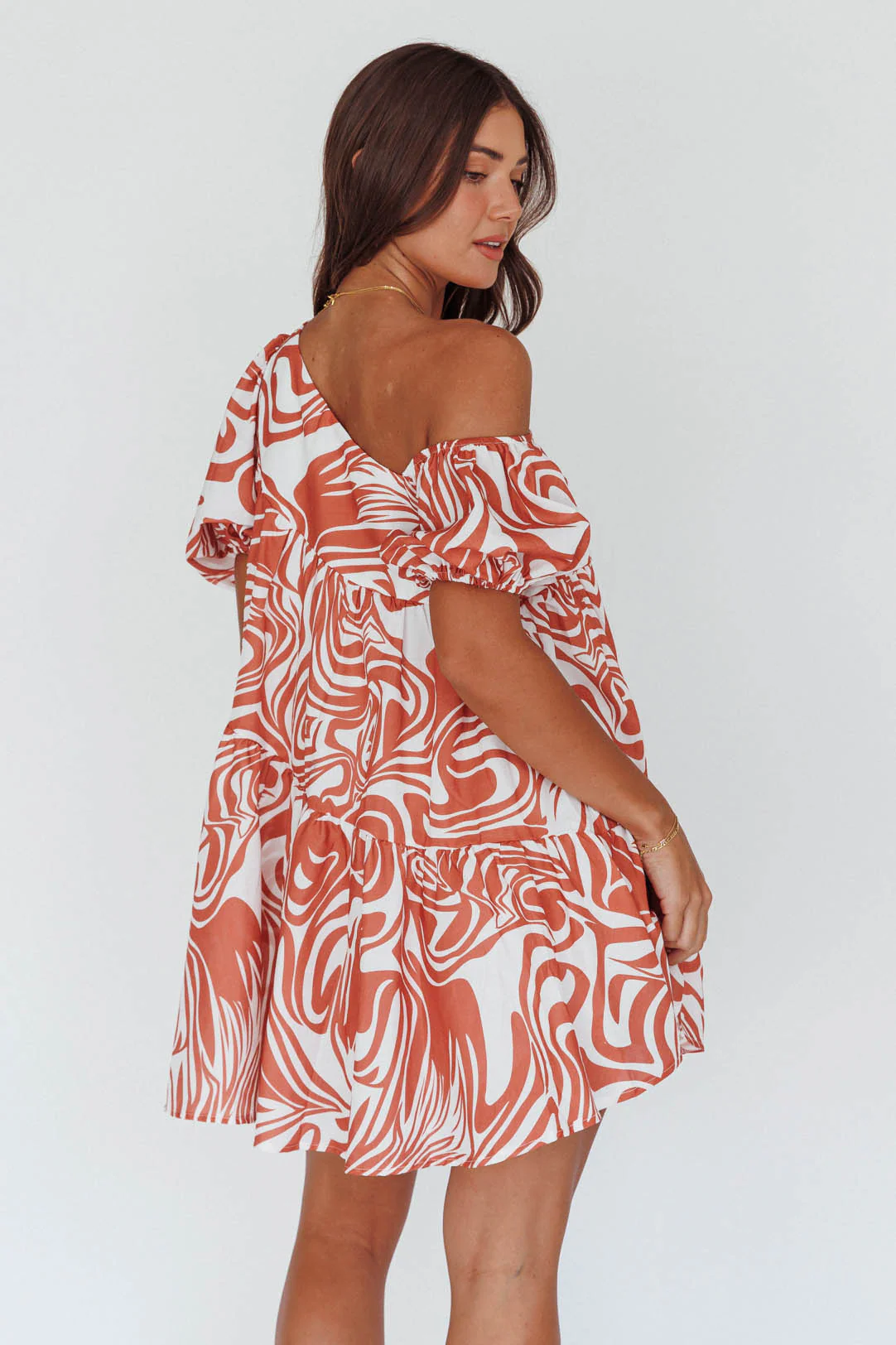 Villa Puff Sleeve One-Shoulder Dress Terracotta - Image 2