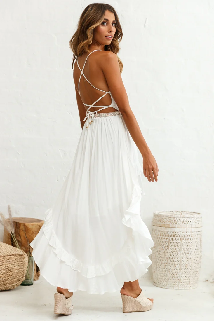 Virgo High-Low Hem Lace-Up Dress White - Image 3